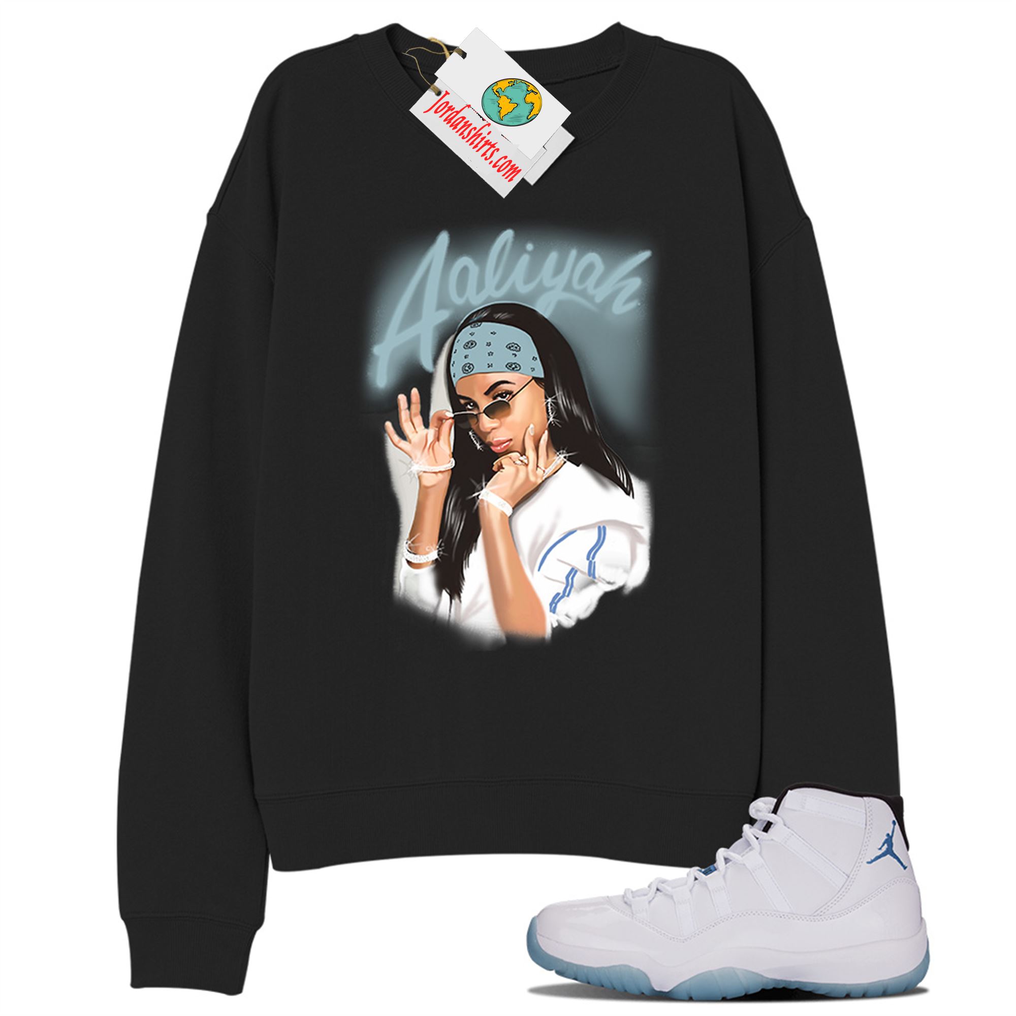 Jordan 11 Sweatshirt, Aaliyah Airbrush Black Sweatshirt Air Jordan 11 Legend Blue 11s Size Up To 5xl