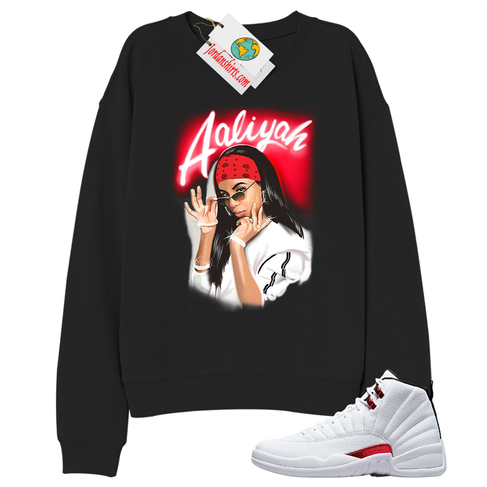Jordan 12 Sweatshirt, Aaliyah Airbrush Black Sweatshirt Air Jordan 12 Twist 12s Full Size Up To 5xl