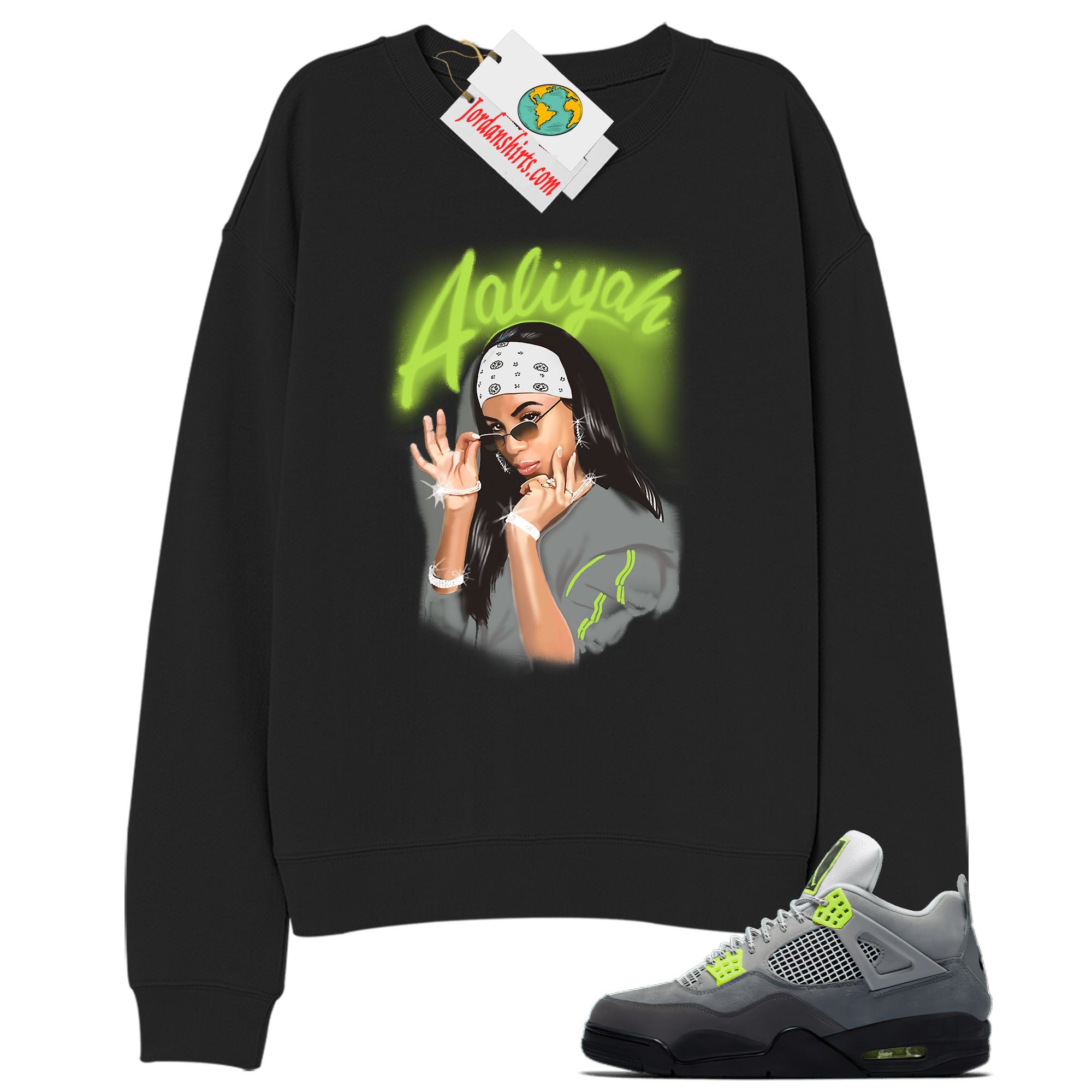Jordan 4 Sweatshirt, Aaliyah Airbrush Black Sweatshirt Air Jordan 4 Neon 95 4s Size Up To 5xl