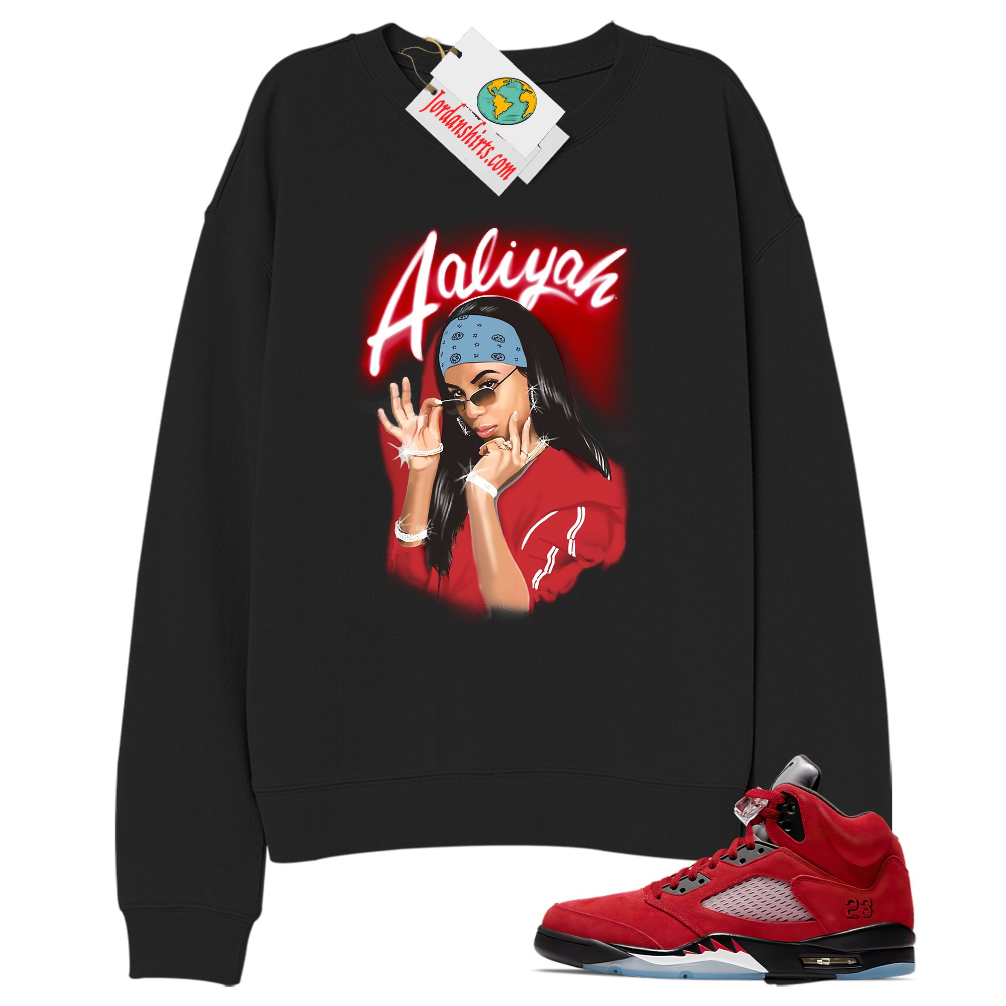 Jordan 5 Sweatshirt, Aaliyah Airbrush Black Sweatshirt Air Jordan 5 Raging Bull 5s Plus Size Up To 5xl
