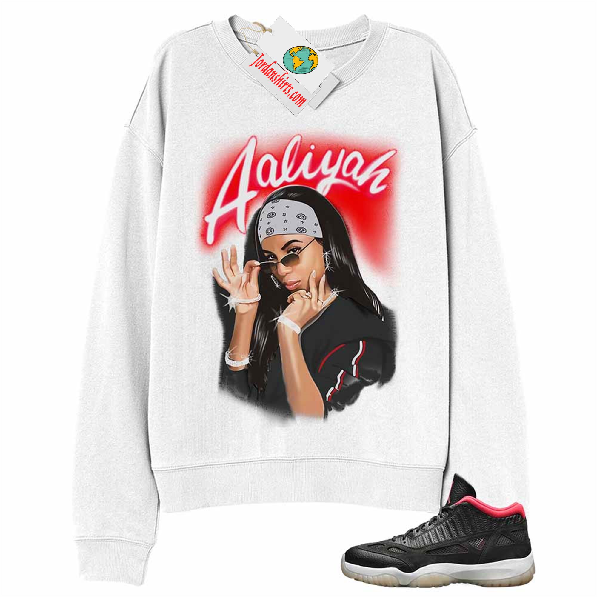 Jordan 11 Sweatshirt, Aaliyah Airbrush White Sweatshirt Air Jordan 11 Bred 11s Plus Size Up To 5xl