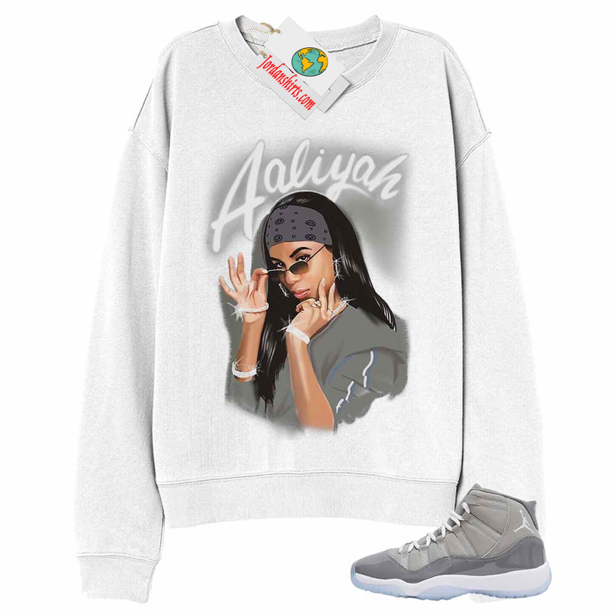 Jordan 11 Sweatshirt, Aaliyah Airbrush White Sweatshirt Air Jordan 11 Cool Grey 11s Full Size Up To 5xl