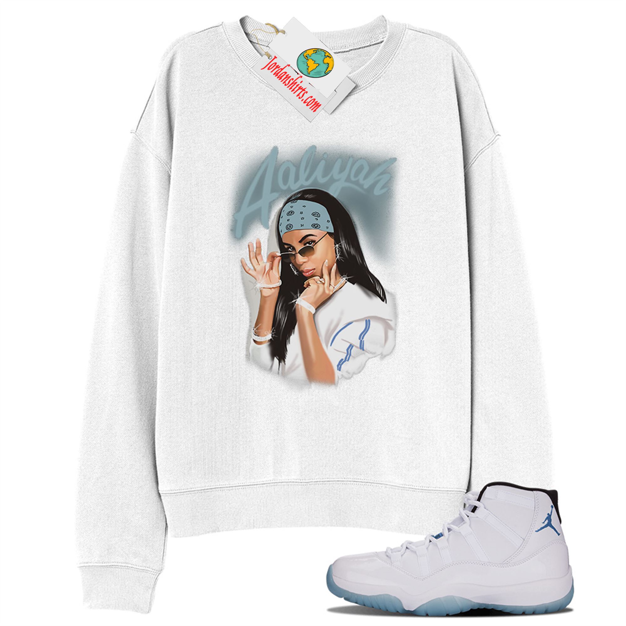 Jordan 11 Sweatshirt, Aaliyah Airbrush White Sweatshirt Air Jordan 11 Legend Blue 11s Plus Size Up To 5xl
