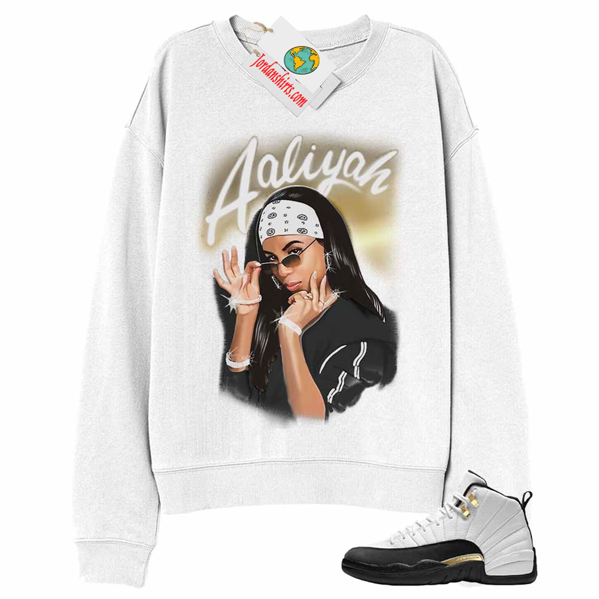 Jordan 12 Sweatshirt, Aaliyah Airbrush White Sweatshirt Air Jordan 12 Royalty 12s Plus Size Up To 5xl