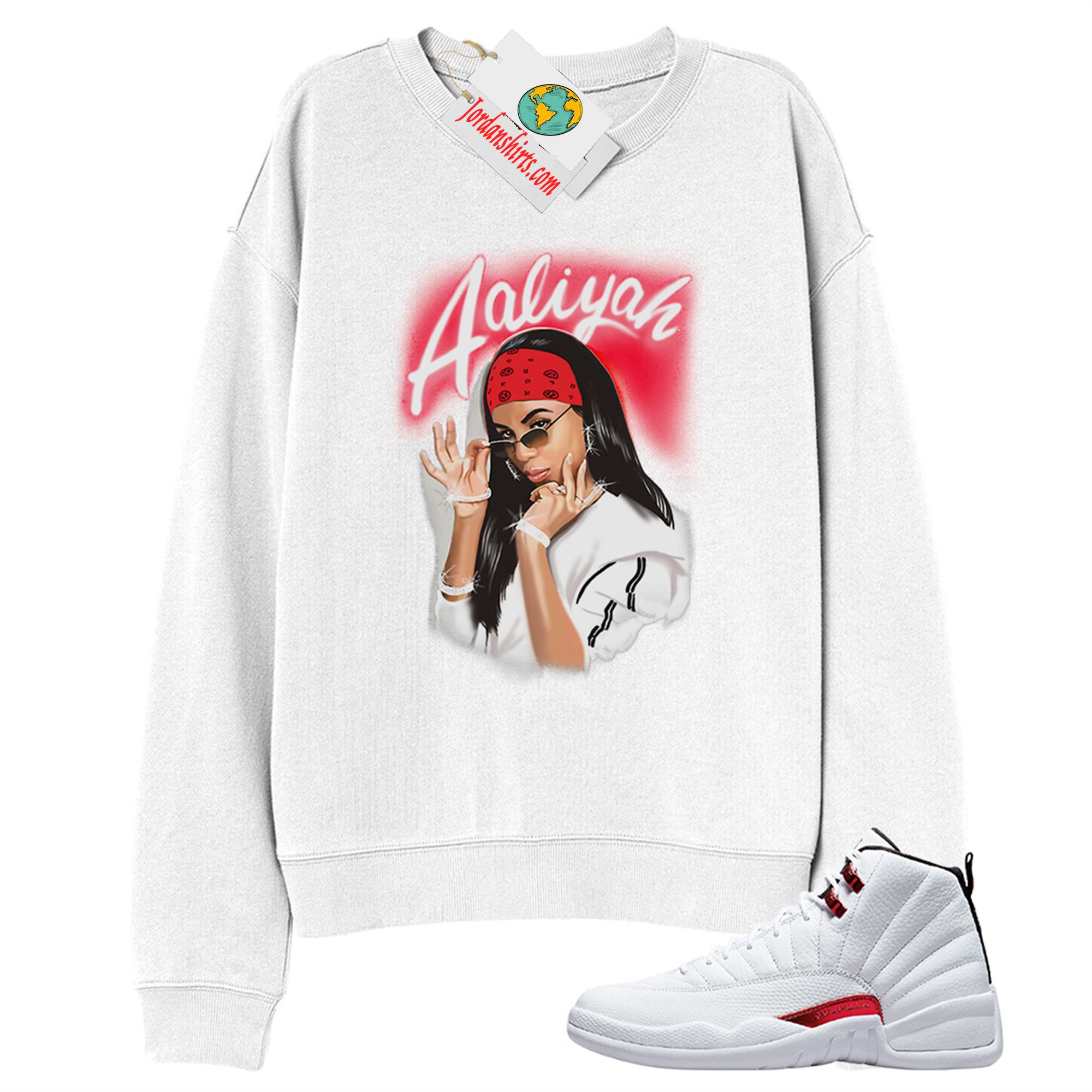 Jordan 12 Sweatshirt, Aaliyah Airbrush White Sweatshirt Air Jordan 12 Twist 12s Full Size Up To 5xl