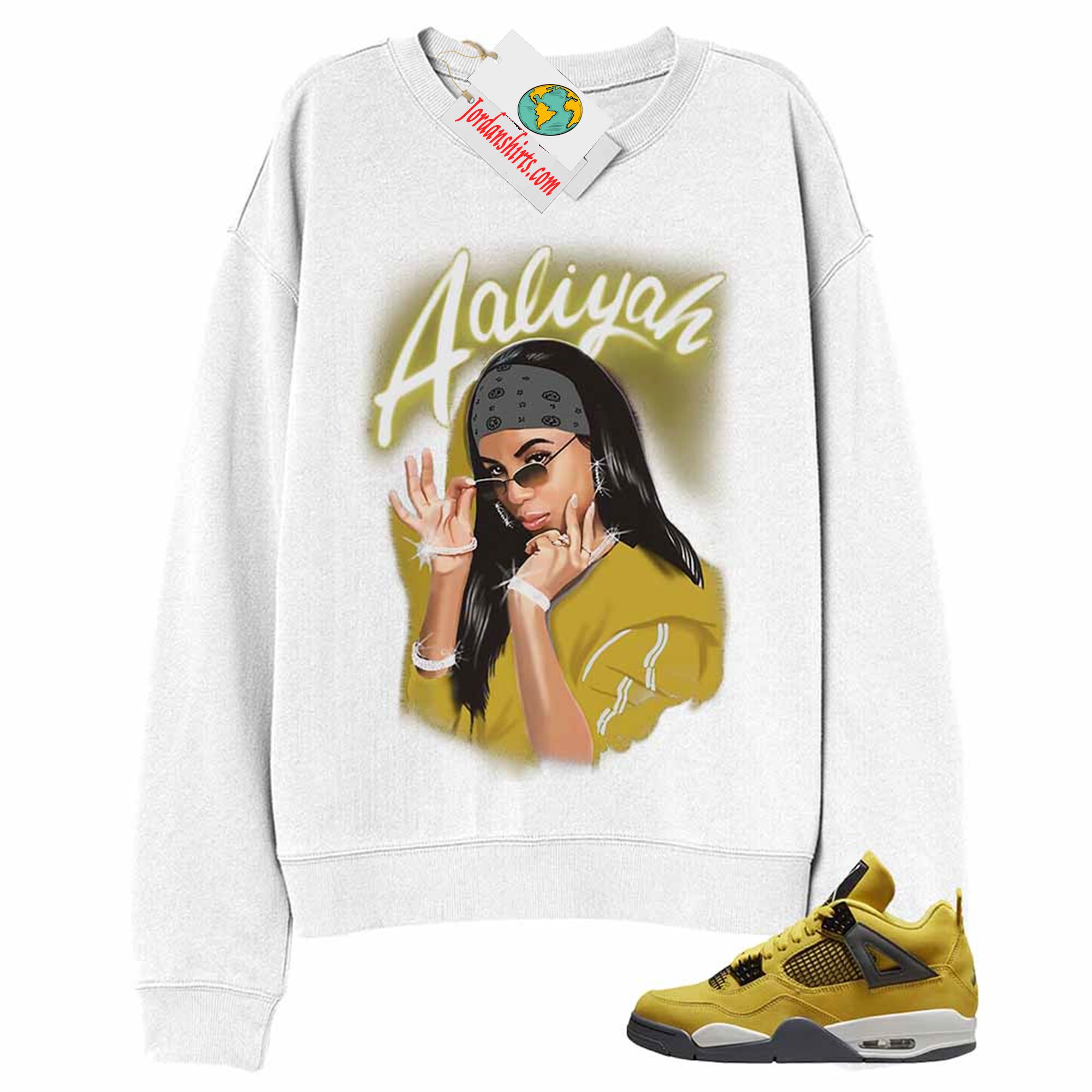 Jordan 4 Sweatshirt, Aaliyah Airbrush White Sweatshirt Air Jordan 4 Lightning 4s Size Up To 5xl