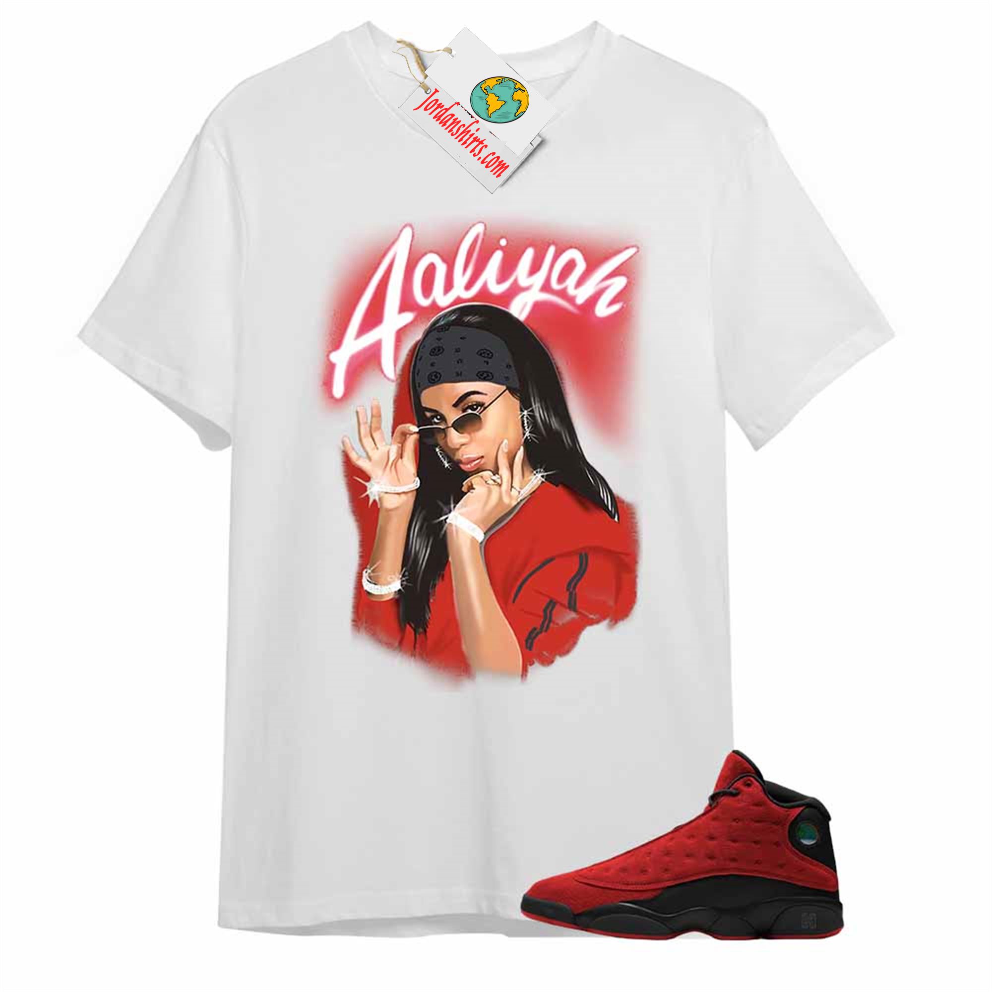 Jordan 13 Shirt, Aaliyah Airbrush White T-shirt Air Jordan 13 Reverse Bred 13s Full Size Up To 5xl
