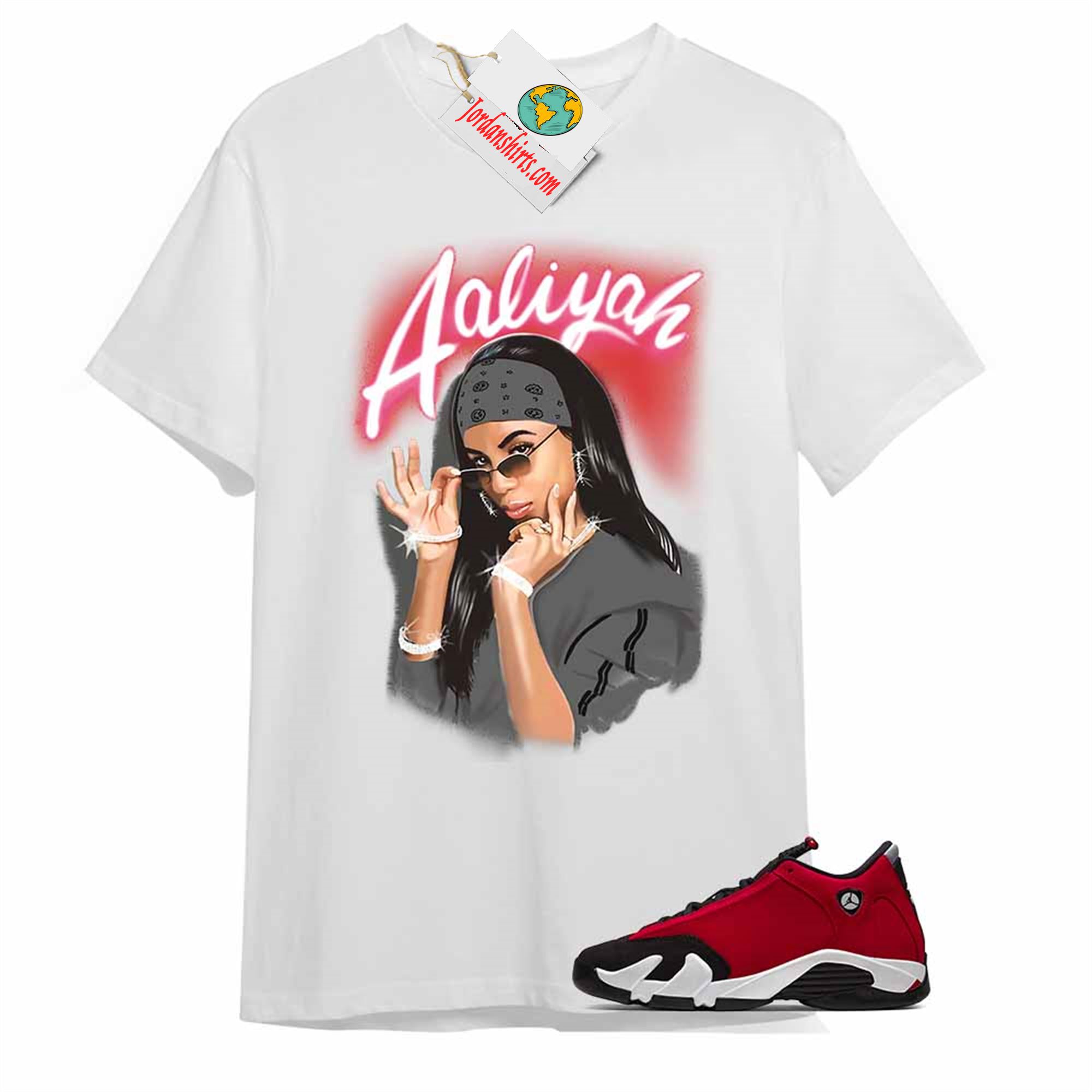Jordan 14 Shirt, Aaliyah Airbrush White T-shirt Air Jordan 14 Gym Red 14s Size Up To 5xl