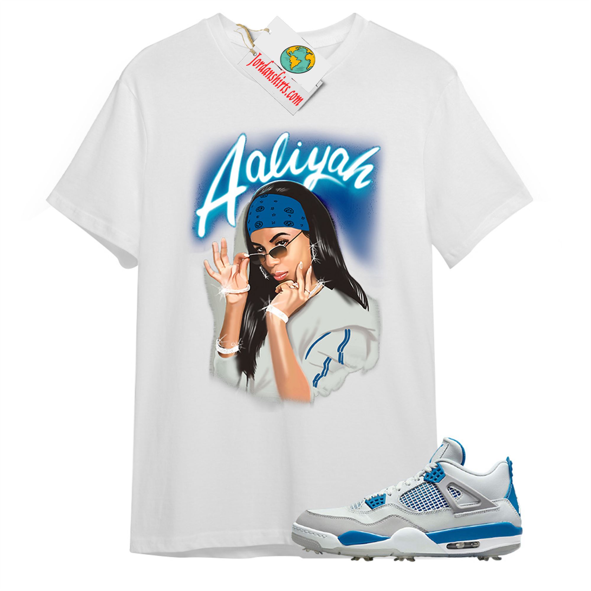 Jordan 4 Shirt, Aaliyah Airbrush White T-shirt Air Jordan 4 Golf Military Blue 4s Size Up To 5xl