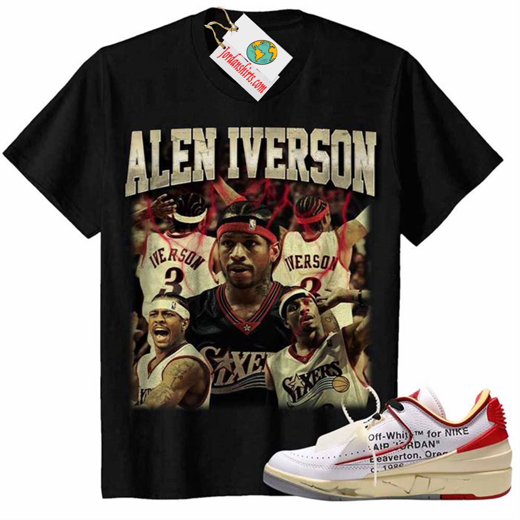 Jordan 2 Shirt, Allen Iverson The Answer Philadelphia 76ers Vintage Black Air Jordan 2 Low White Red Off-white 2s Full Size Up To 5xl