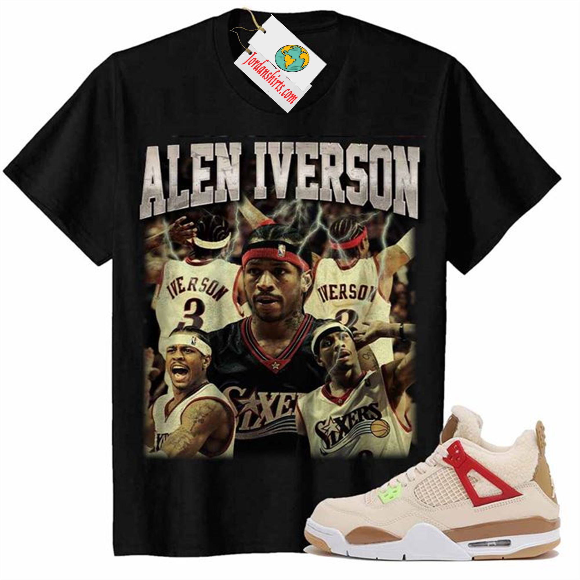 Jordan 4 Shirt, Allen Iverson The Answer Philadelphia 76ers Vintage Black Air Jordan 4 Wild Things 4s Plus Size Up To 5xl