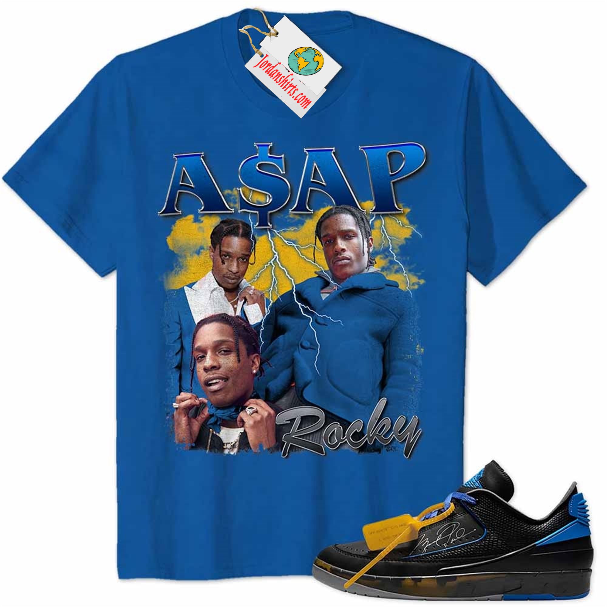 Jordan 2 Shirt, Asap Rocky Rapper Vintage 90s Blue Air Jordan 2 Low X Off-white Black And Varsity Royal 2s Size Up To 5xl