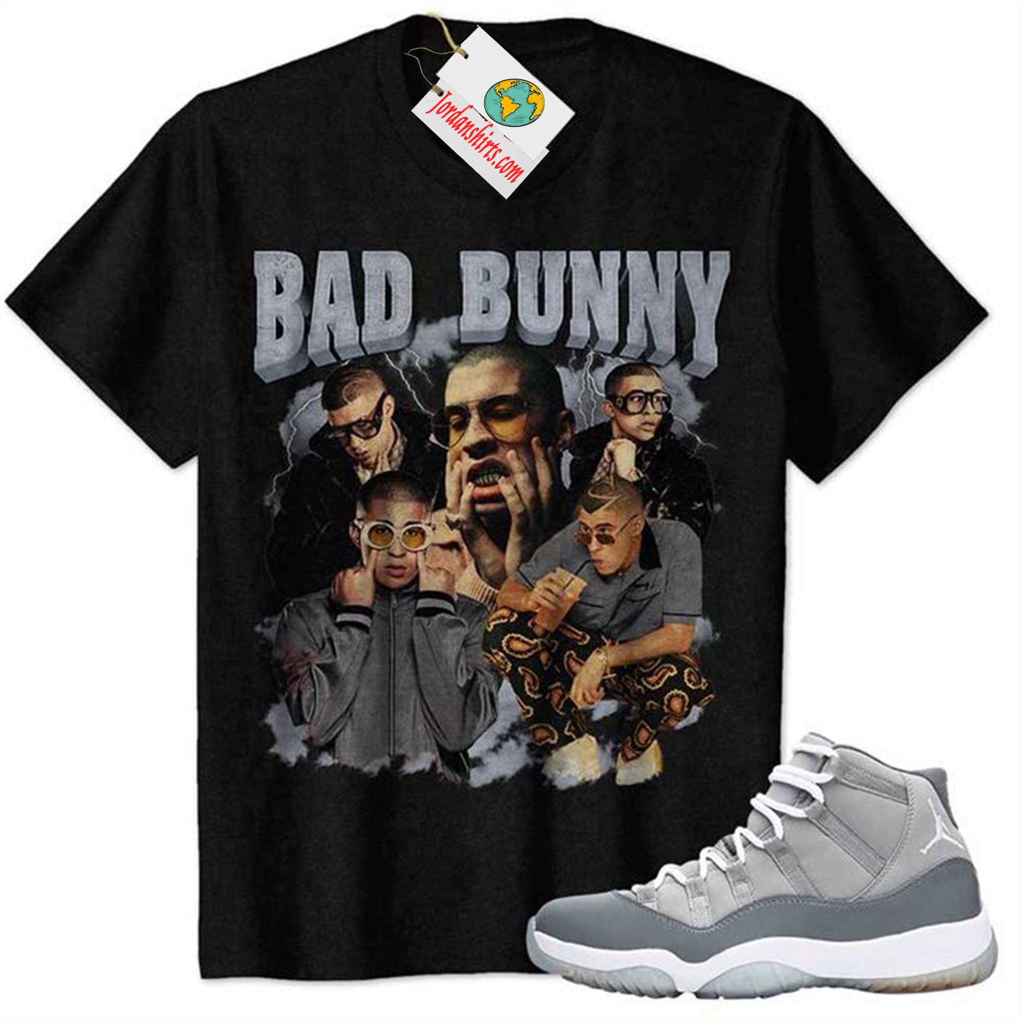 Jordan 11 Shirt, Bad Bunny Rapper Graphic Black Air Jordan 11 Cool Grey 11s Size Up To 5xl