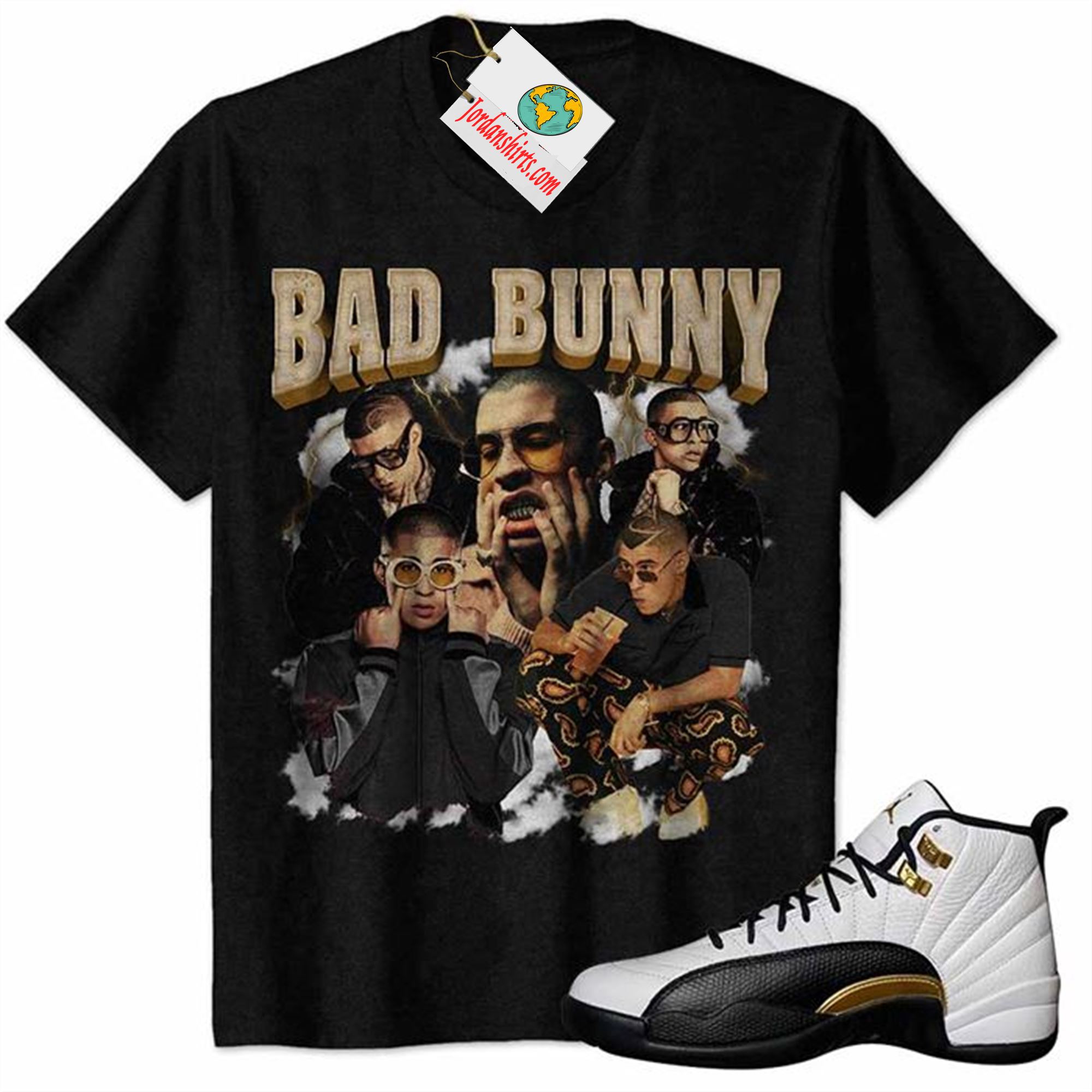 Jordan 12 Shirt, Bad Bunny Rapper Graphic Black Air Jordan 12 Royalty 12s Full Size Up To 5xl