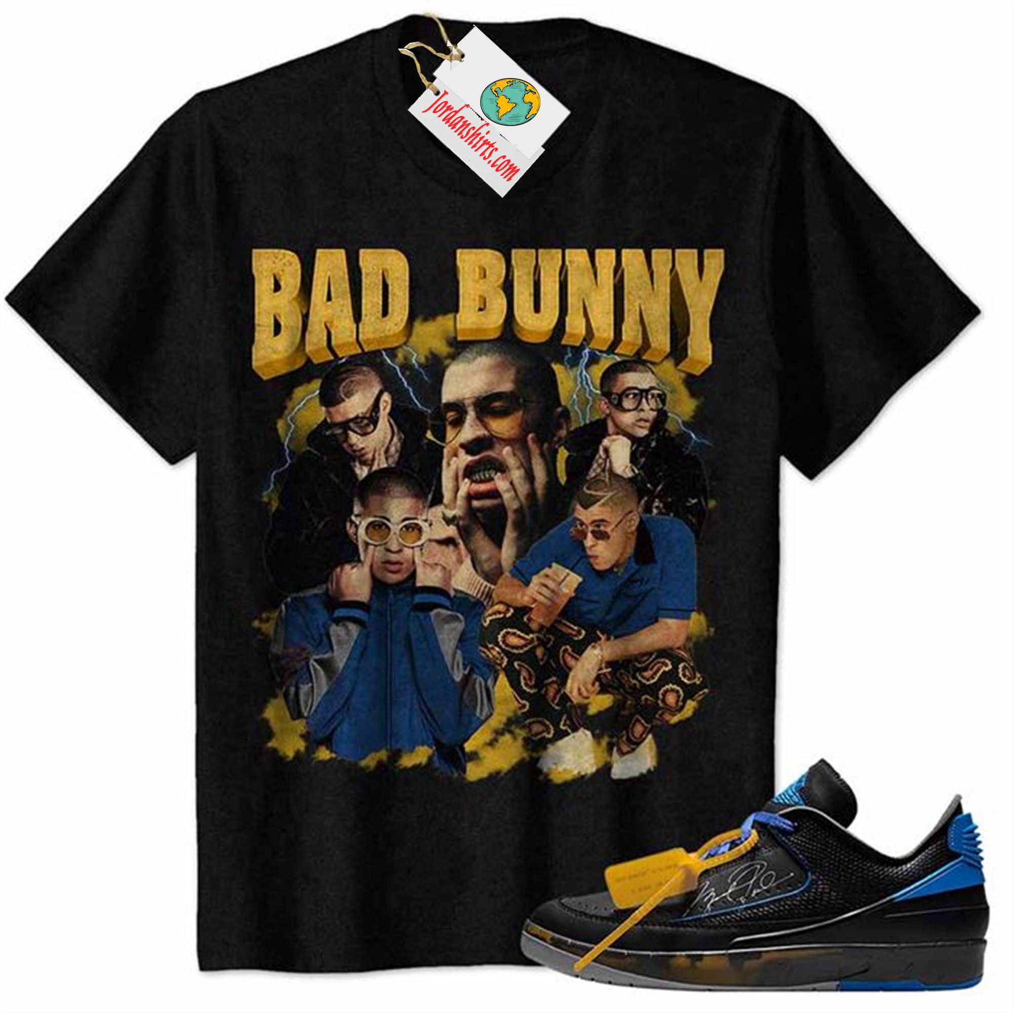 Jordan 2 Shirt, Bad Bunny Rapper Graphic Black Air Jordan 2 Low X Off-white Black And Varsity Royal 2s Plus Size Up To 5xl