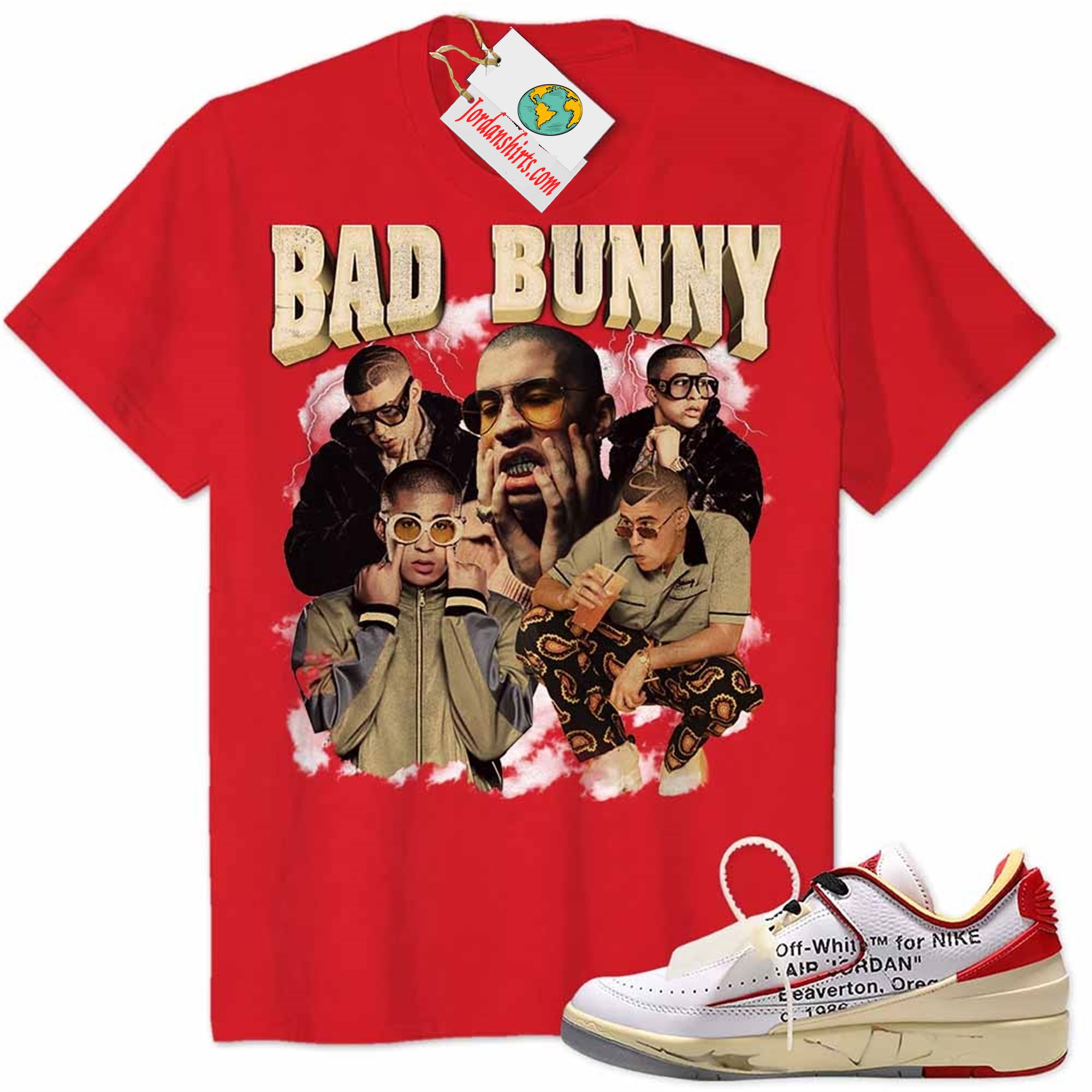 Jordan 2 Shirt, Bad Bunny Rapper Graphic Red Air Jordan 2 Low White Red Off-white 2s Plus Size Up To 5xl