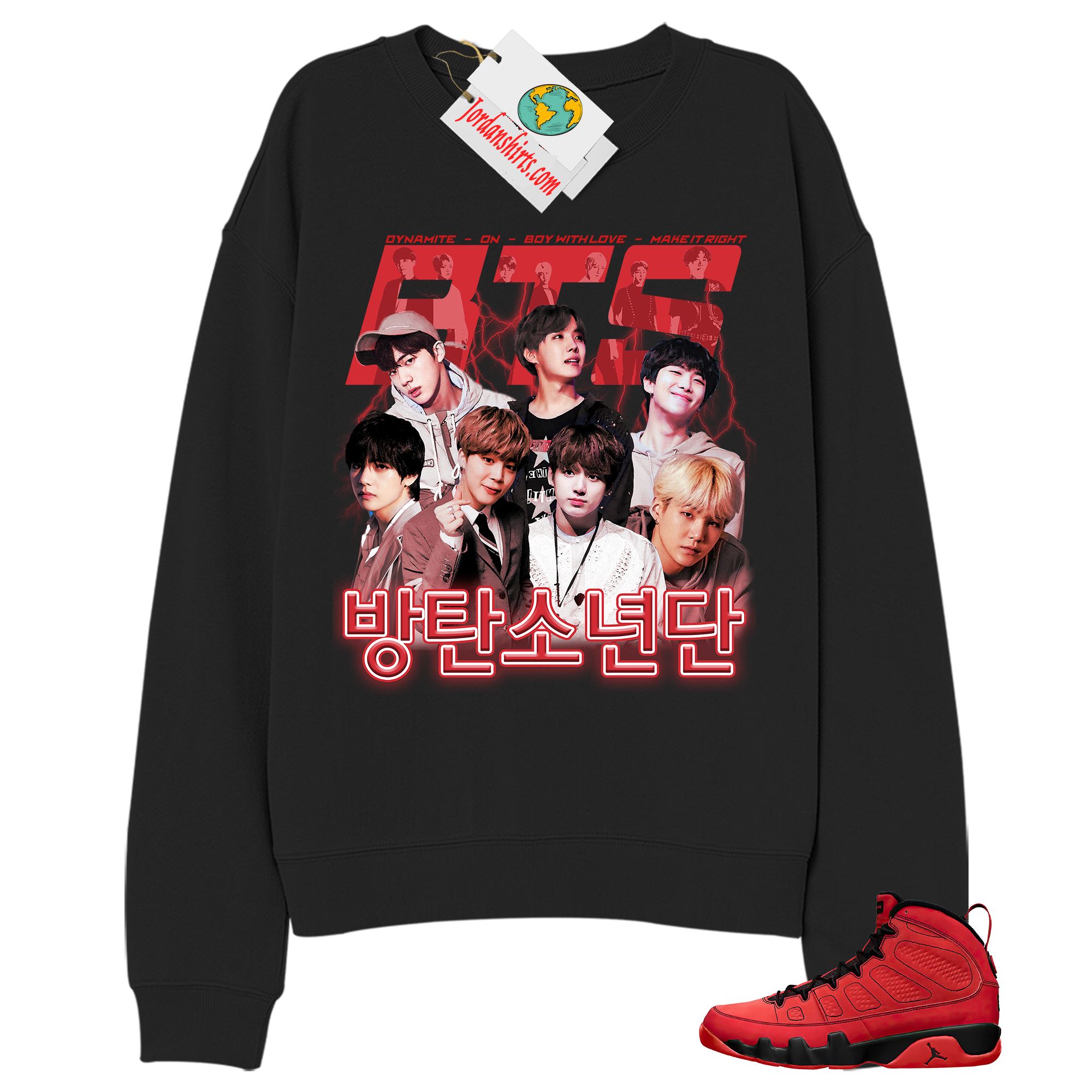 Jordan 9 Sweatshirt, Bangtan Boys Bts Vintage Black Sweatshirt Air Jordan 9 Chile Red 9s Plus Size Up To 5xl