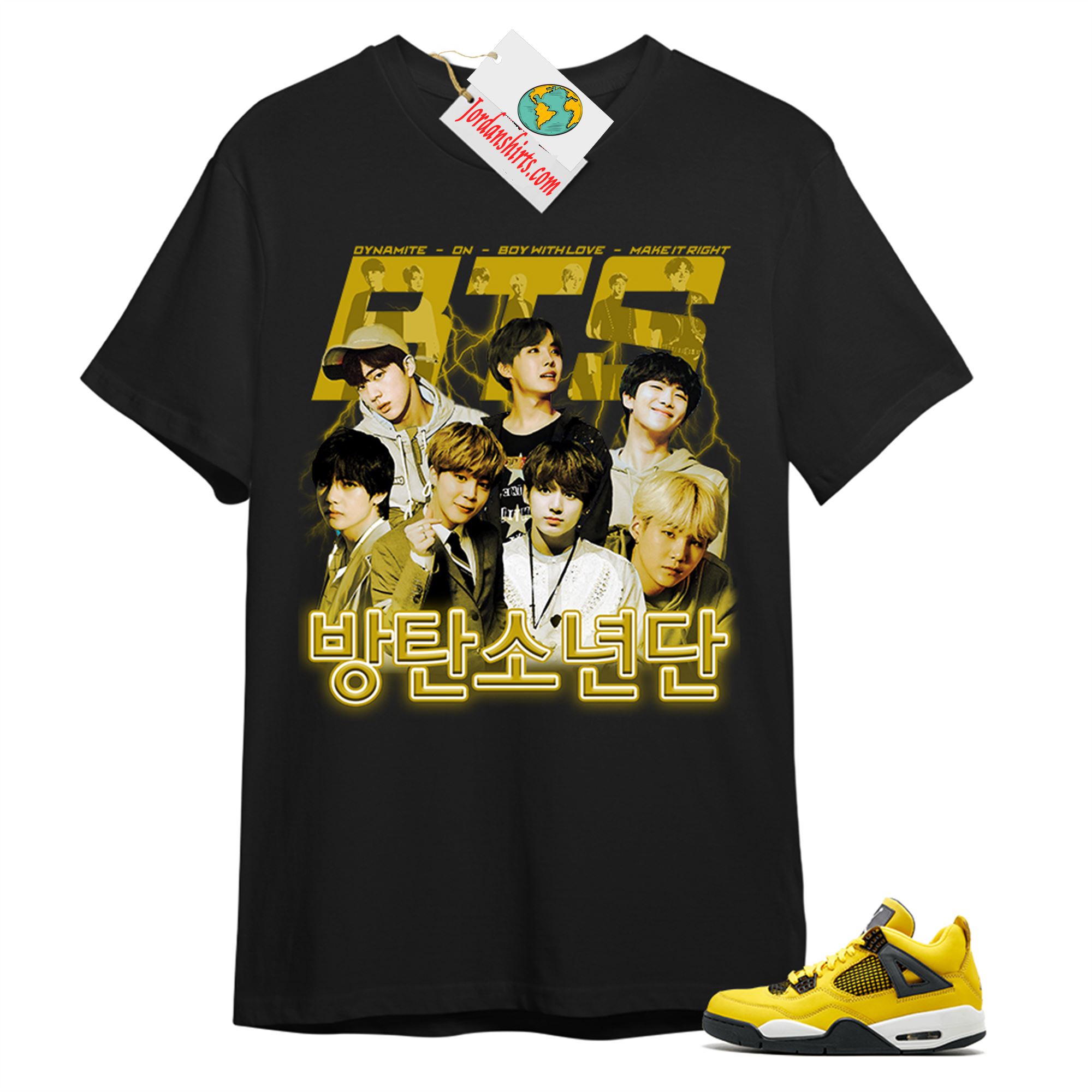 Jordan 4 Shirt, Bangtan Boys Bts Vintage Black T-shirt Air Jordan 4 Tour Yellow Lightning 4s Plus Size Up To 5xl