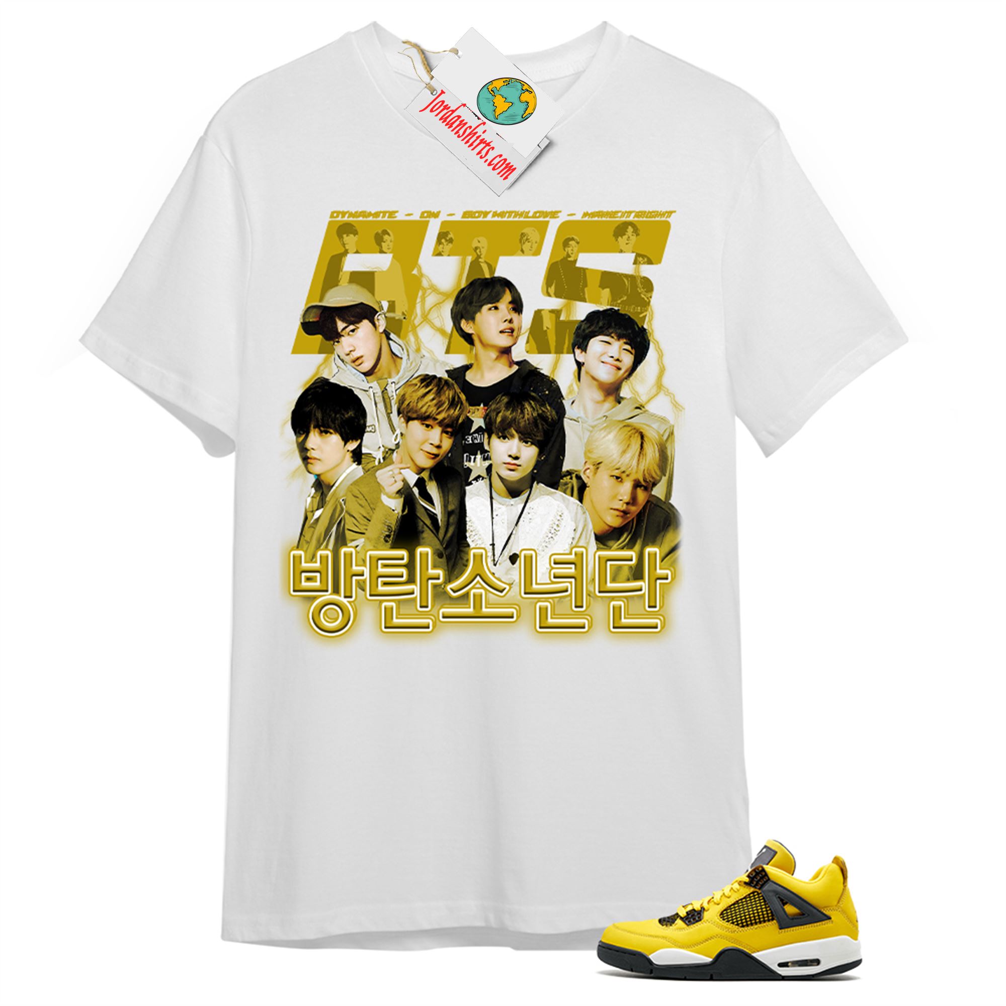 Jordan 4 Shirt, Bangtan Boys Bts Vintage White T-shirt Air Jordan 4 Tour Yellow Lightning 4s Size Up To 5xl