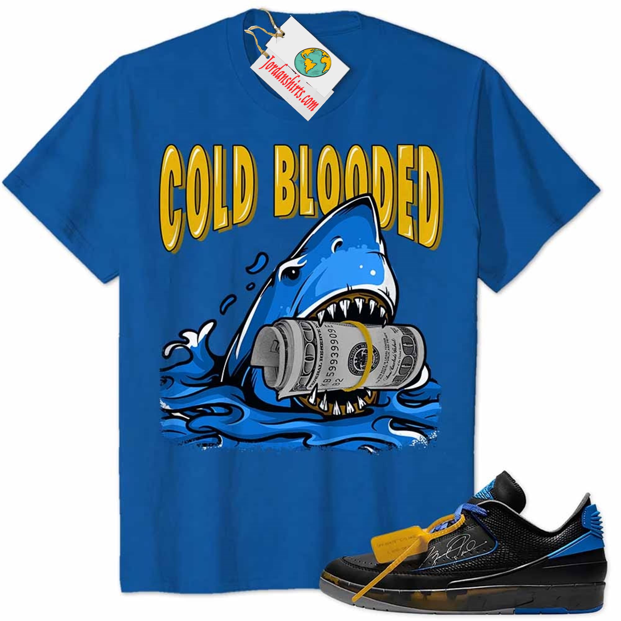Jordan 2 Shirt, Cold Blooded Shark Blue Air Jordan 2 Low X Off-white Black And Varsity Royal 2s Full Size Up To 5xl