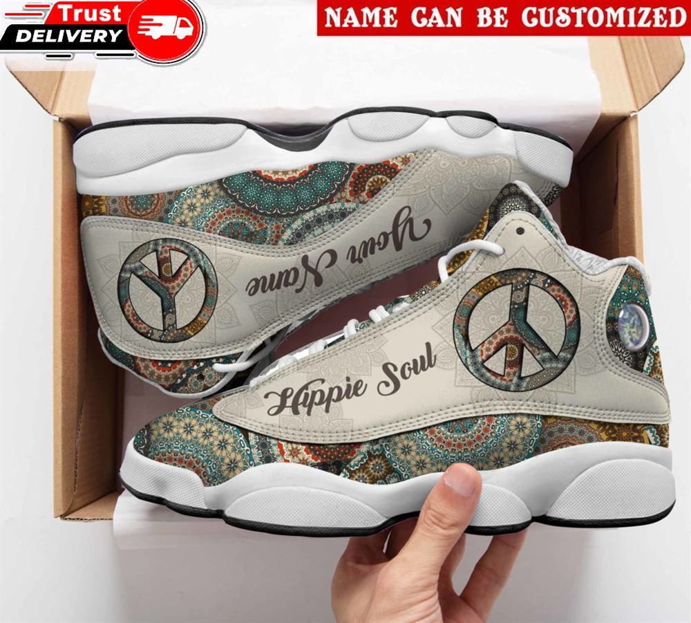 Jordan 13 Sneaker, Custom Hippie Soul Mandala Peace Sign Air Sneakers J13 Sneakers For Hippie Lovers