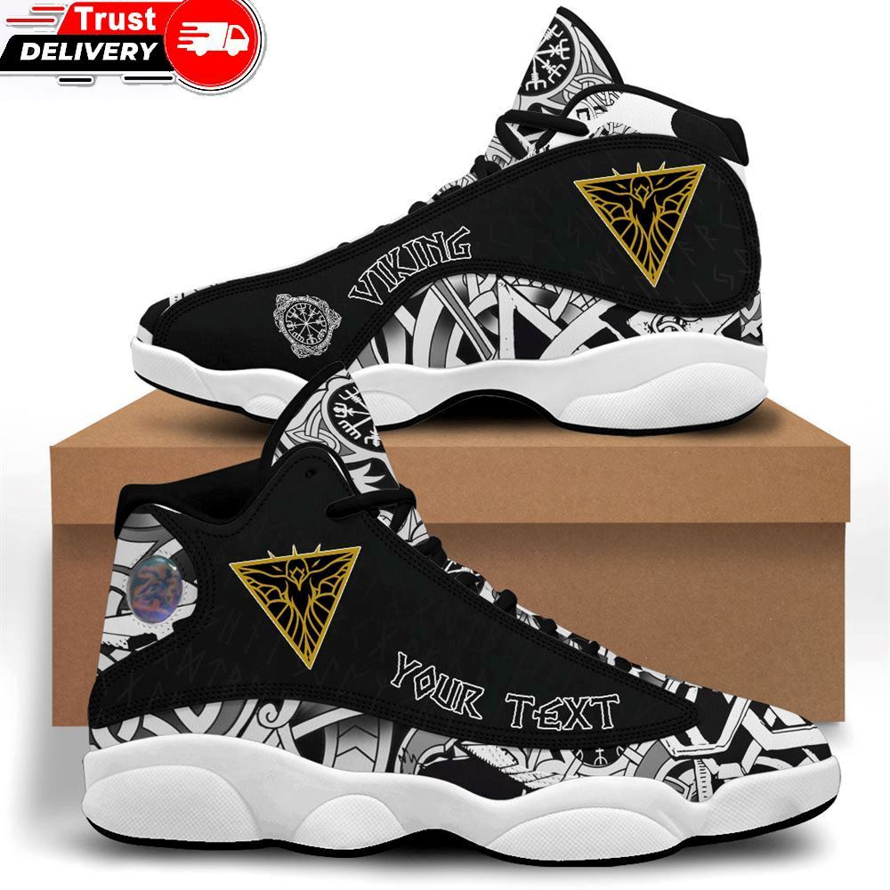 Jordan 13 Shoes, Custom Esoteric Gold Colored Triangle Shape Raven Symbol Sneakers