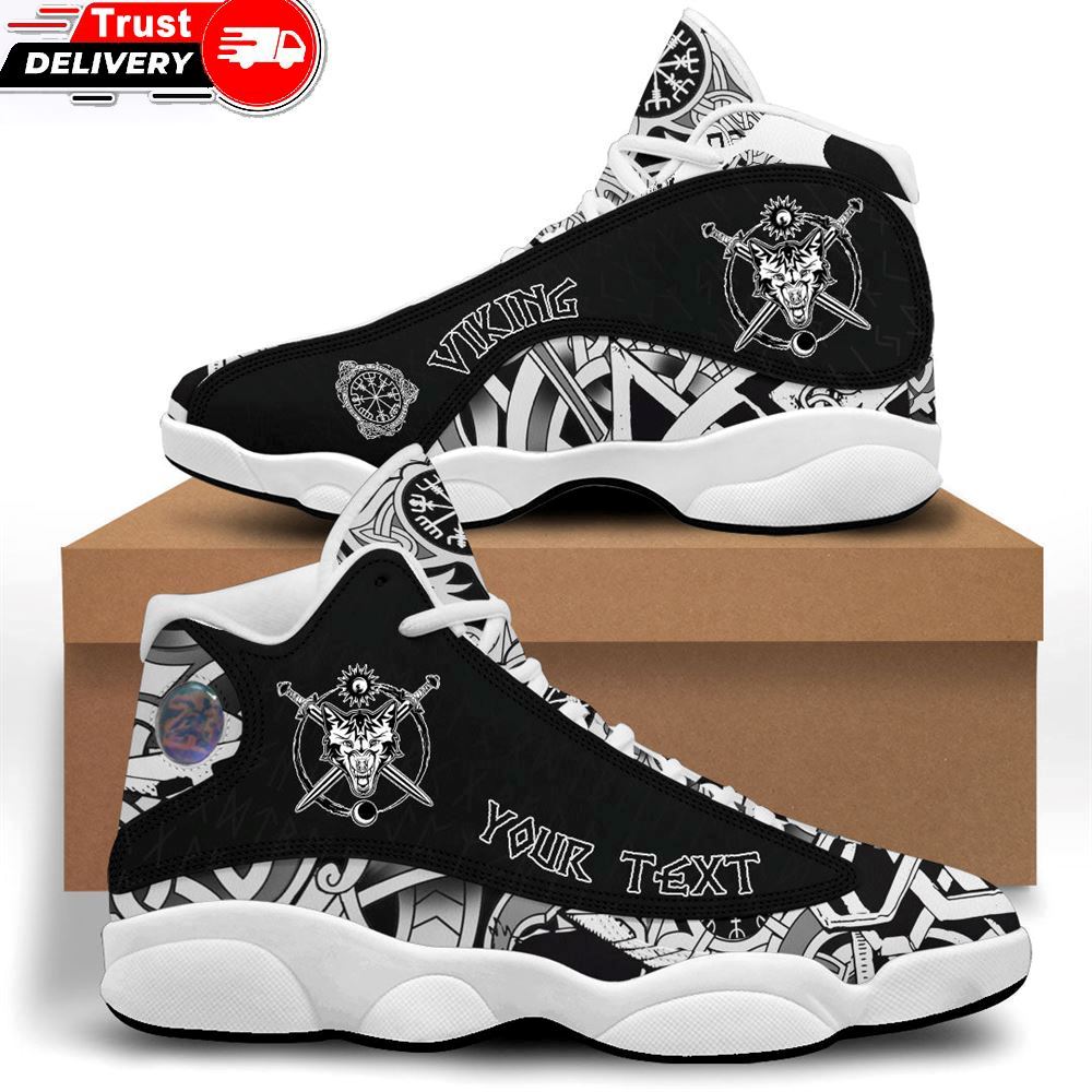 Jordan 13 Shoes, Custom Head Of Fierce Wolf Against The Background Of Swords Sneakers