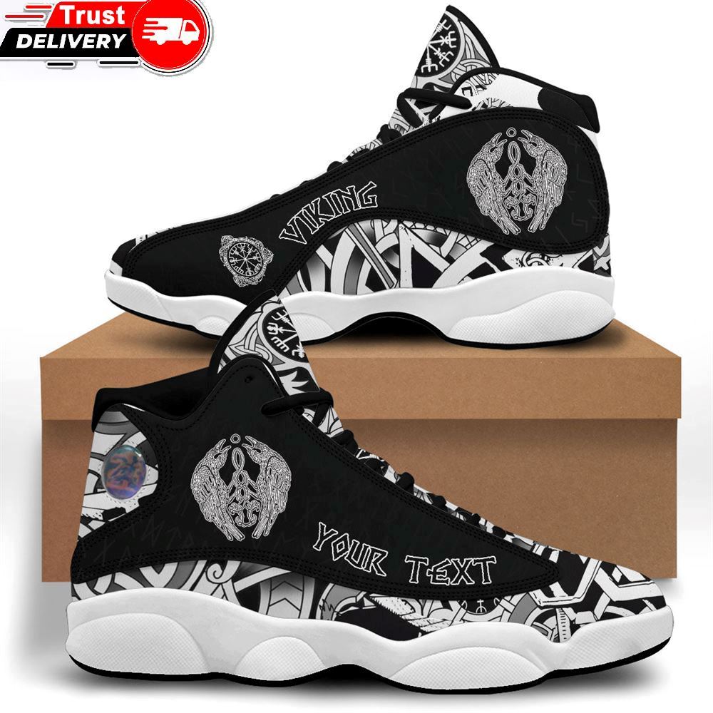 Jd 13 Sneaker, Custom Raven Catching Sun Reflection Celtic Knot Black And White Sneakers