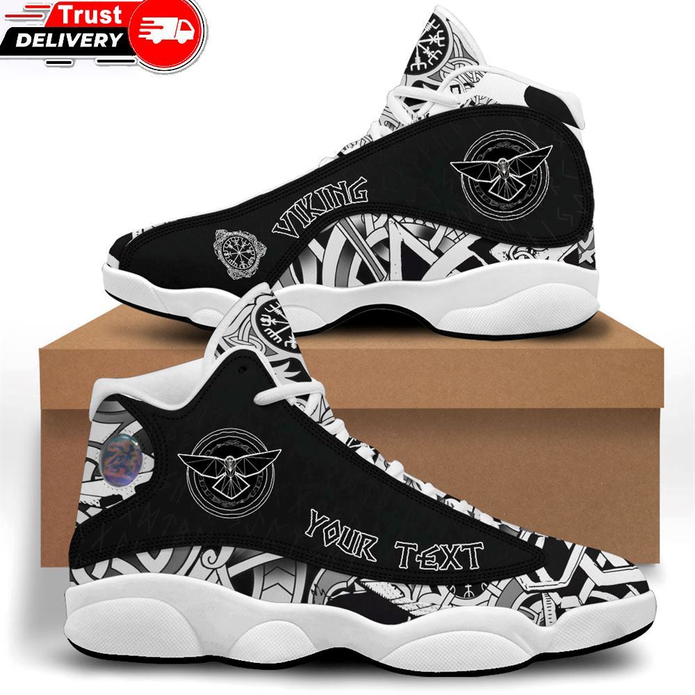 Jd 13 Shoes, Custom Raven With Open Wings Against Sacred Sign Of Vikings Sneakers