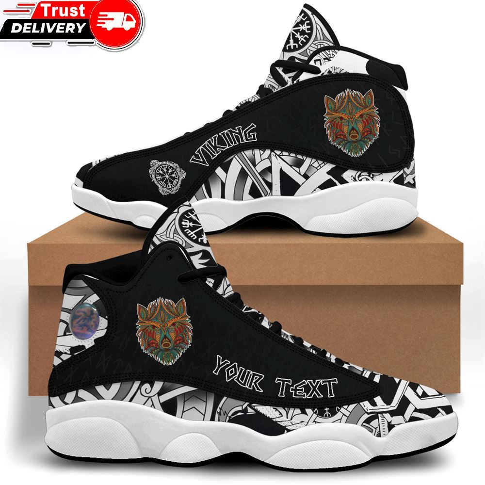 Jordan 13 Sneaker, Custom Stylized Wolf In Ethnic Dark Background Sneakers