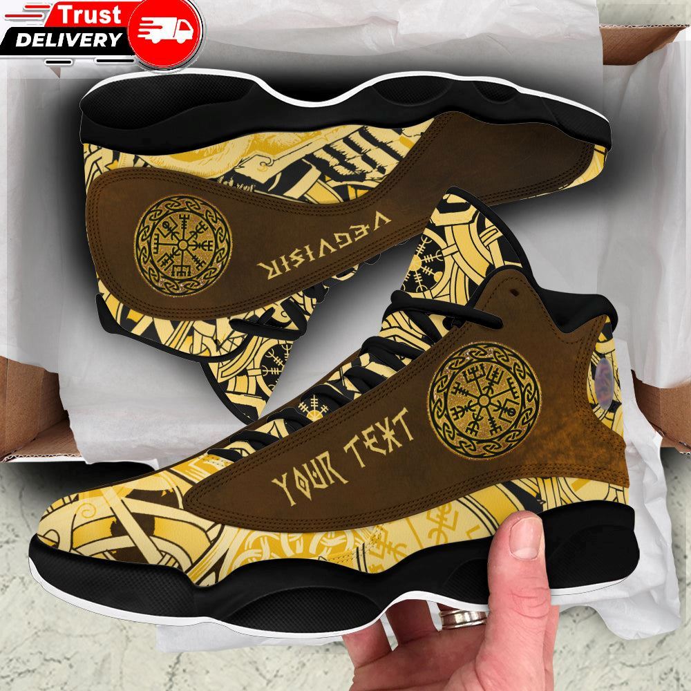 Jd 13 Shoes, Custom Viking Vegvisir Iceland Gold High Top Sneakers Shoes
