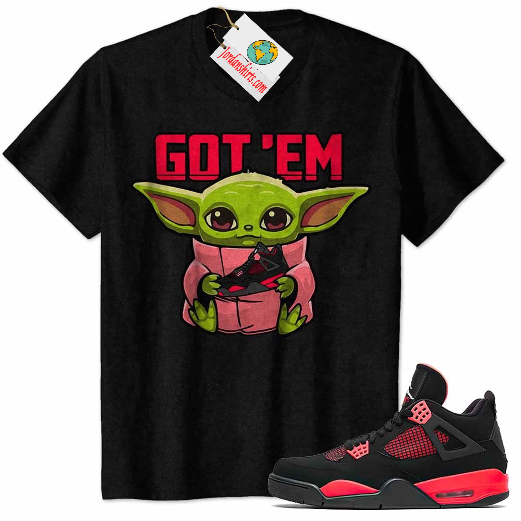 Jordan 4 Shirt, Cute Baby Yoda Black Air Jordan 4 Red Thunder 4s Plus Size Up To 5xl