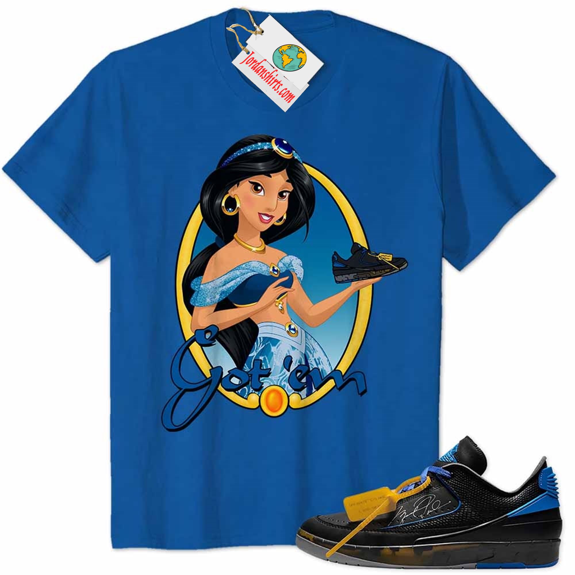 Jordan 2 Shirt, Disney Aladdin Jasmine Princess Got Em Blue Air Jordan 2 Low X Off-white Black And Varsity Royal 2s Size Up To 5xl