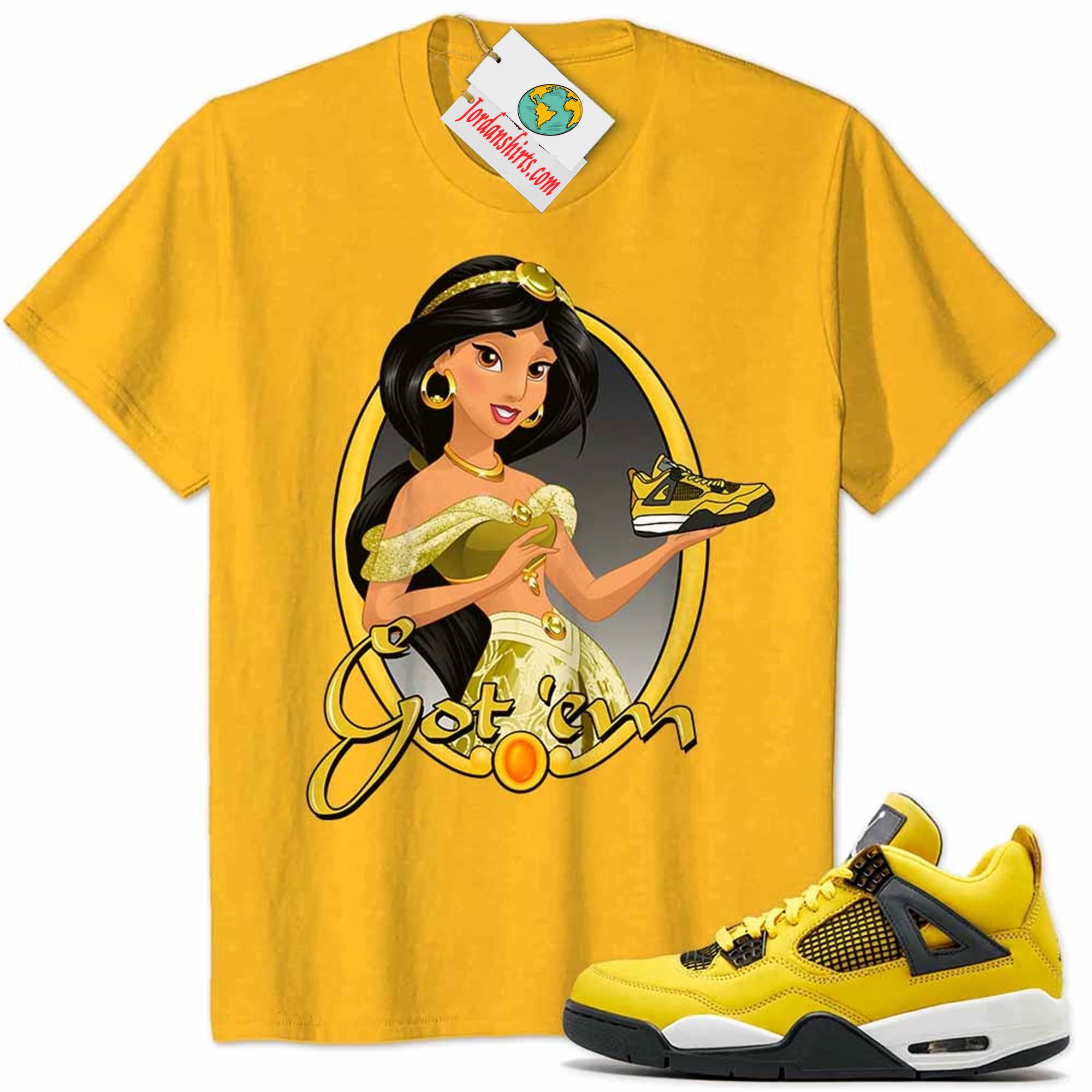 Jordan 4 Shirt, Disney Aladdin Jasmine Princess Got Em Gold Air Jordan 4 Tour Yellow Lightning 4s Full Size Up To 5xl