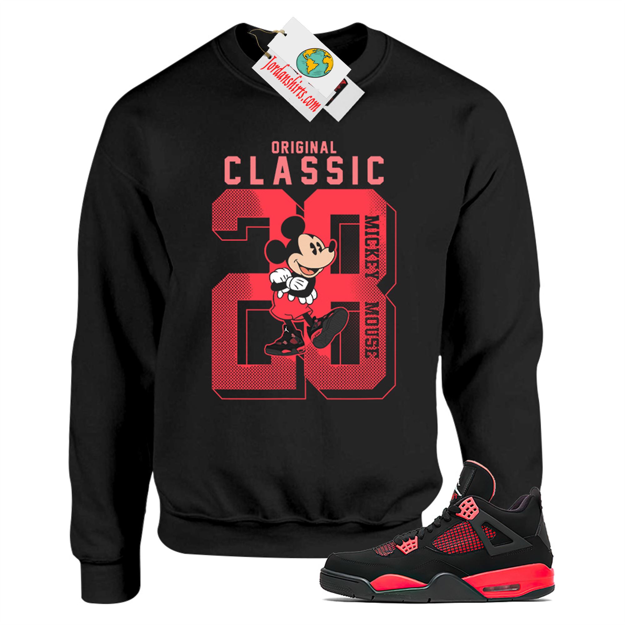 Jordan 4 Sweatshirt, Disney Mickey Mouse Classic 28 Black Sweatshirt Air Jordan 4 Red Thunder 4s Plus Size Up To 5xl