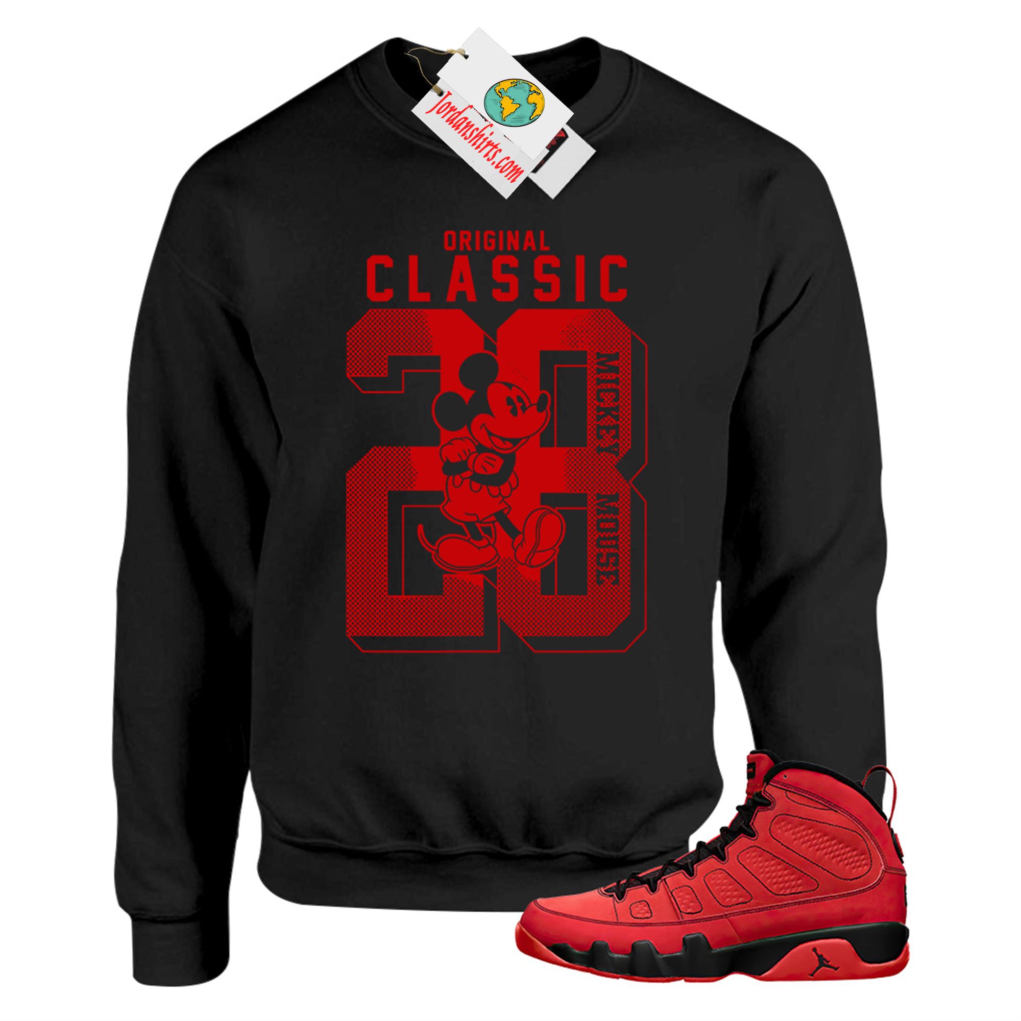 Jordan 9 Sweatshirt, Disney Mickey Mouse Classic 28 Black Sweatshirt Air Jordan 9 Chile Red 9s Size Up To 5xl