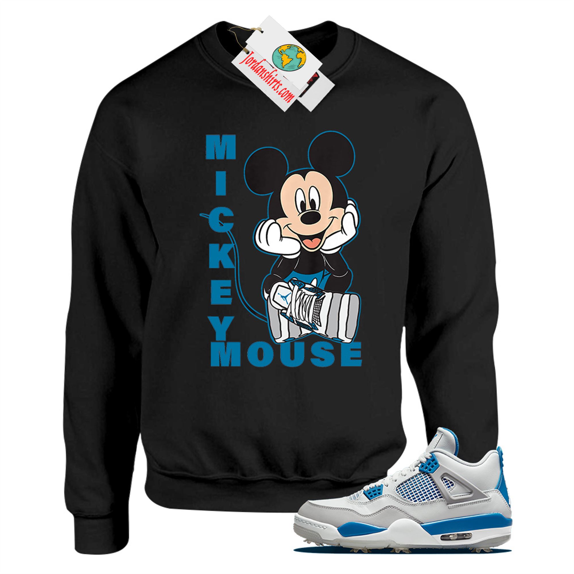 Jordan 4 Sweatshirt, Disney Mickey Mouse Hands In Face Black Sweatshirt Air Jordan 4 Golf Military Blue 4s Full Size Up To 5xl