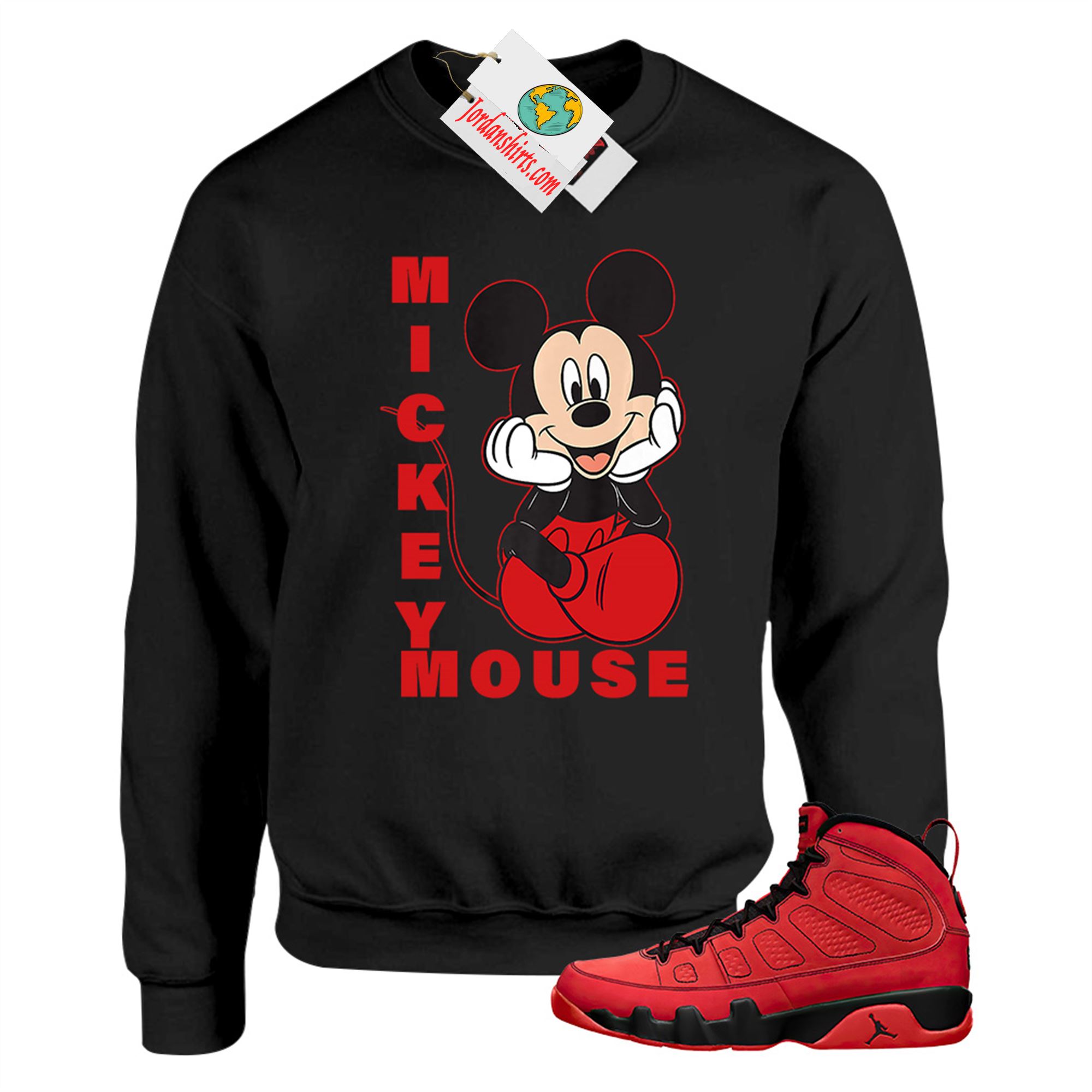 Jordan 9 Sweatshirt, Disney Mickey Mouse Hands In Face Black Sweatshirt Air Jordan 9 Chile Red 9s Size Up To 5xl