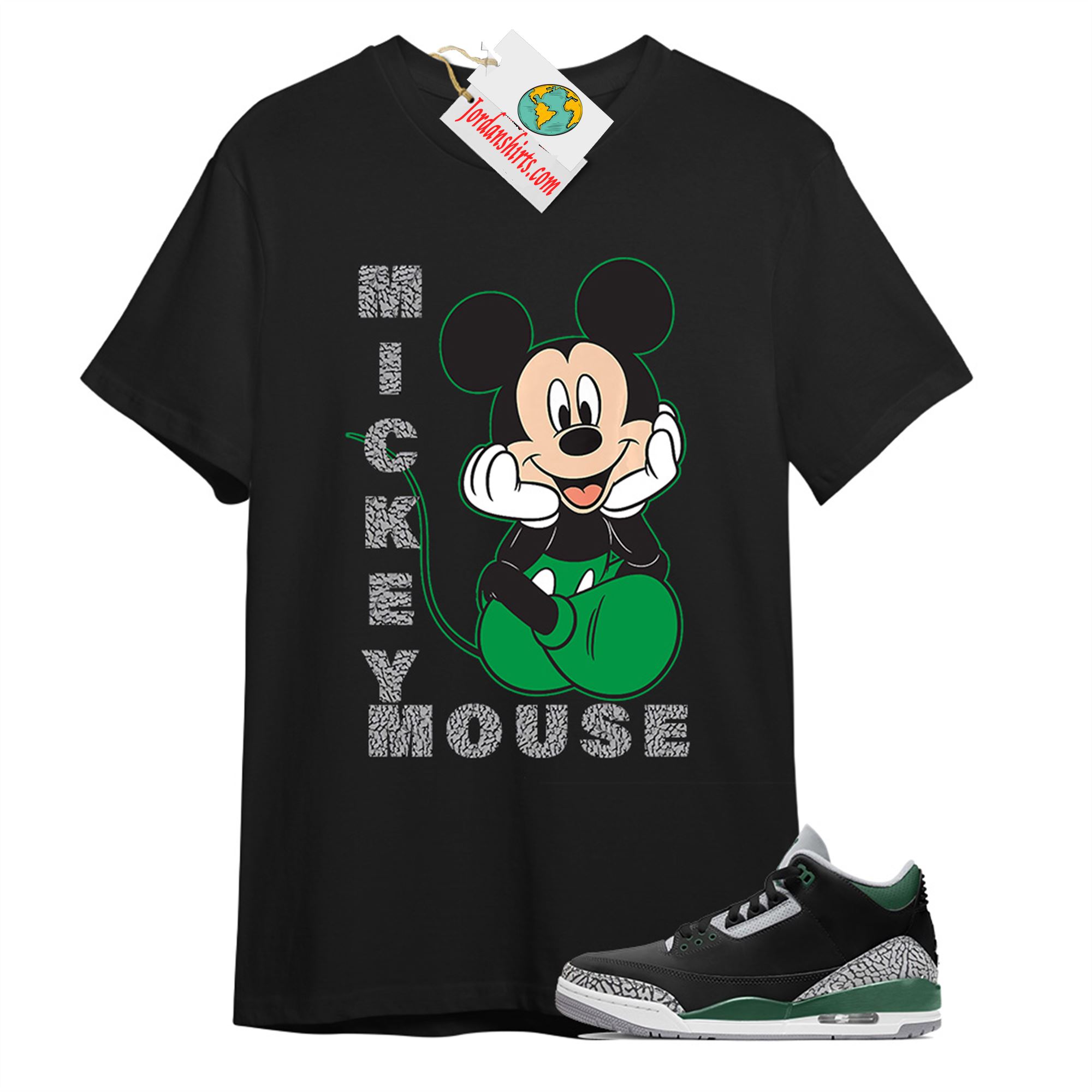 Jordan 3 Shirt, Disney Mickey Mouse Hands In Face Black T-shirt Air Jordan 3 Pine Green 3s Size Up To 5xl