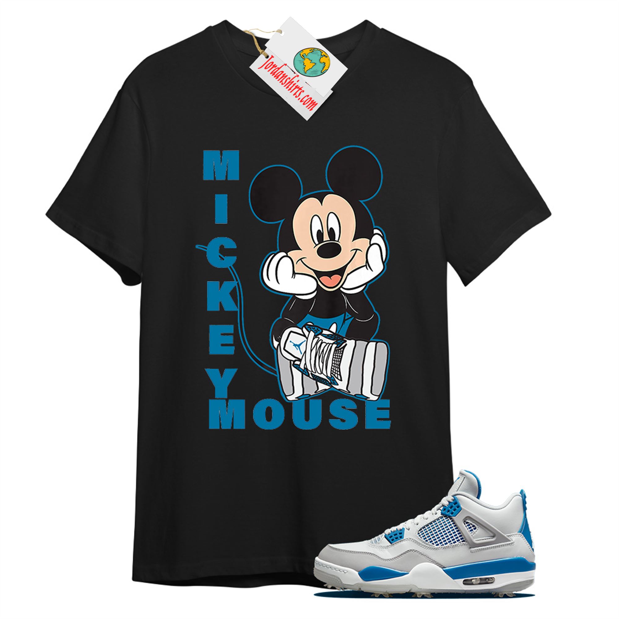 Jordan 4 Shirt, Disney Mickey Mouse Hands In Face Black T-shirt Air Jordan 4 Golf Military Blue 4s Full Size Up To 5xl