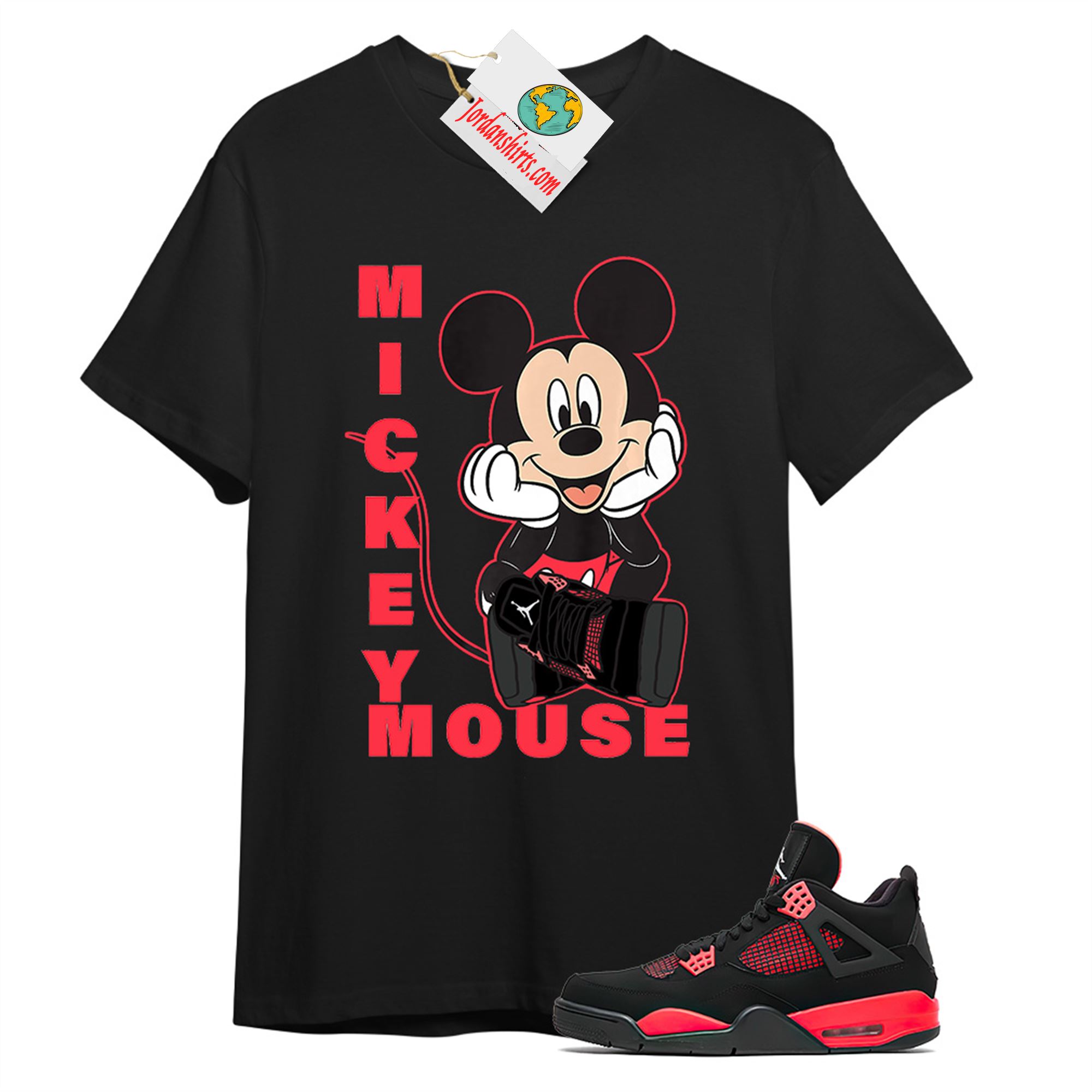 Jordan 4 Shirt, Disney Mickey Mouse Hands In Face Black T-shirt Air Jordan 4 Red Thunder 4s Plus Size Up To 5xl