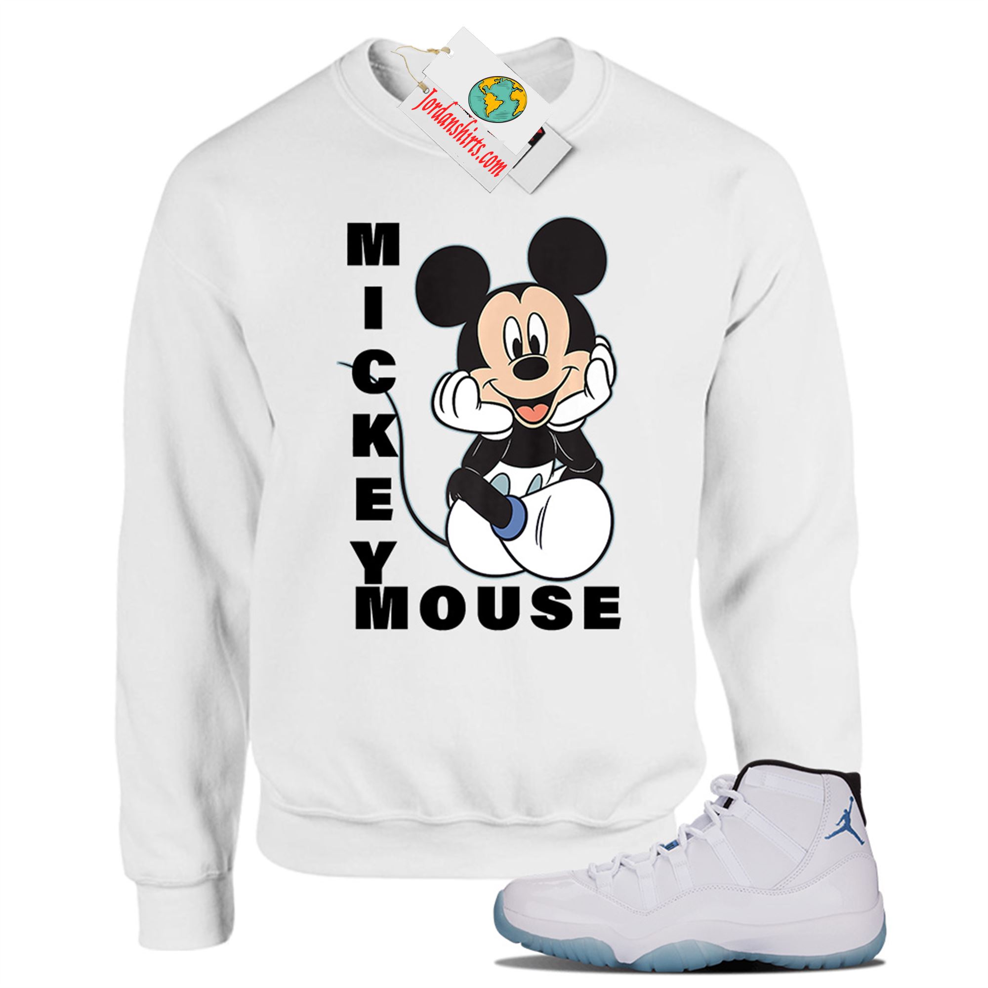Jordan 11 Sweatshirt, Disney Mickey Mouse Hands In Face White Sweatshirt Air Jordan 11 Legend Blue 11s Full Size Up To 5xl
