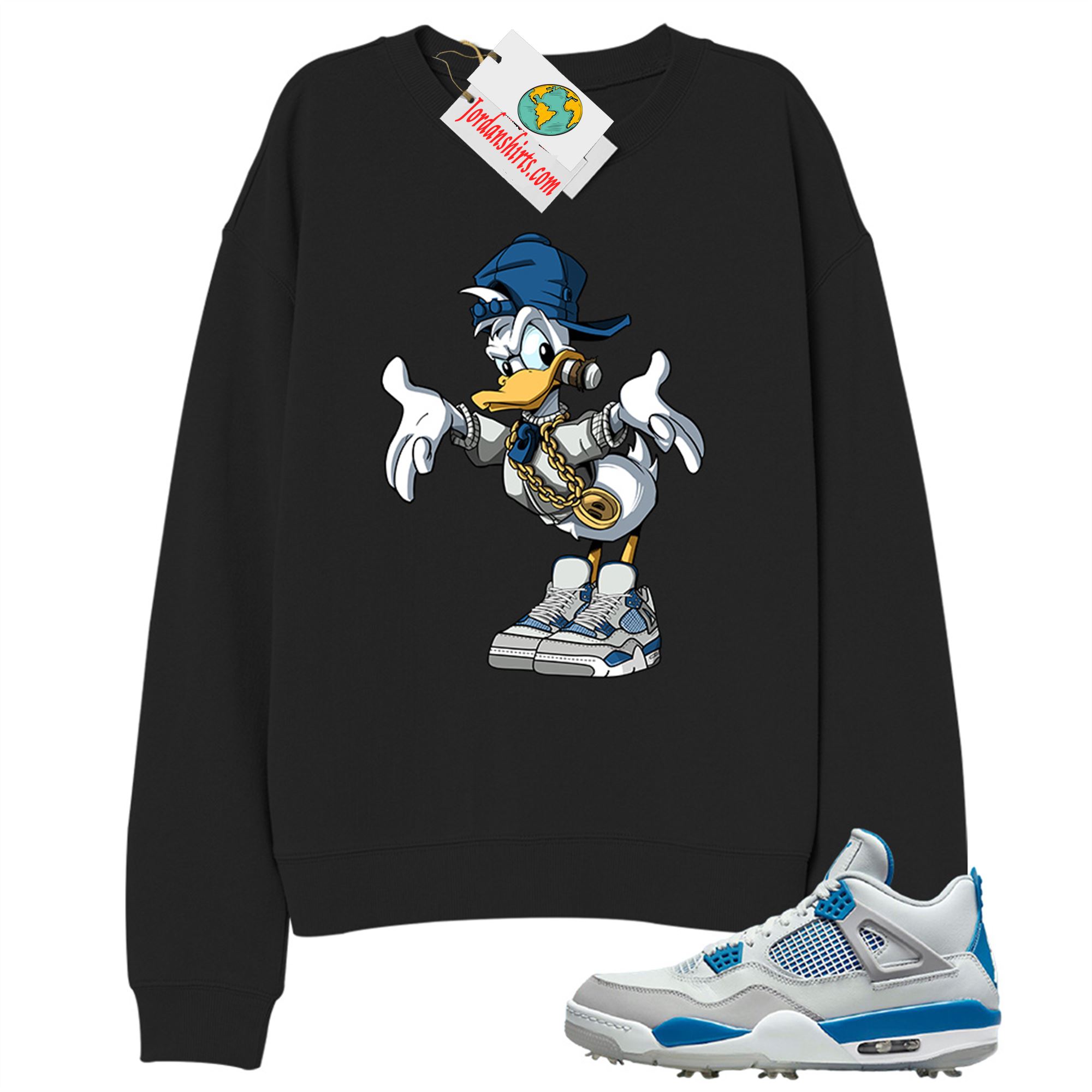 Jordan 4 Sweatshirt, Donald Duck Black Sweatshirt Air Jordan 4 Golf Military Blue 4s Plus Size Up To 5xl