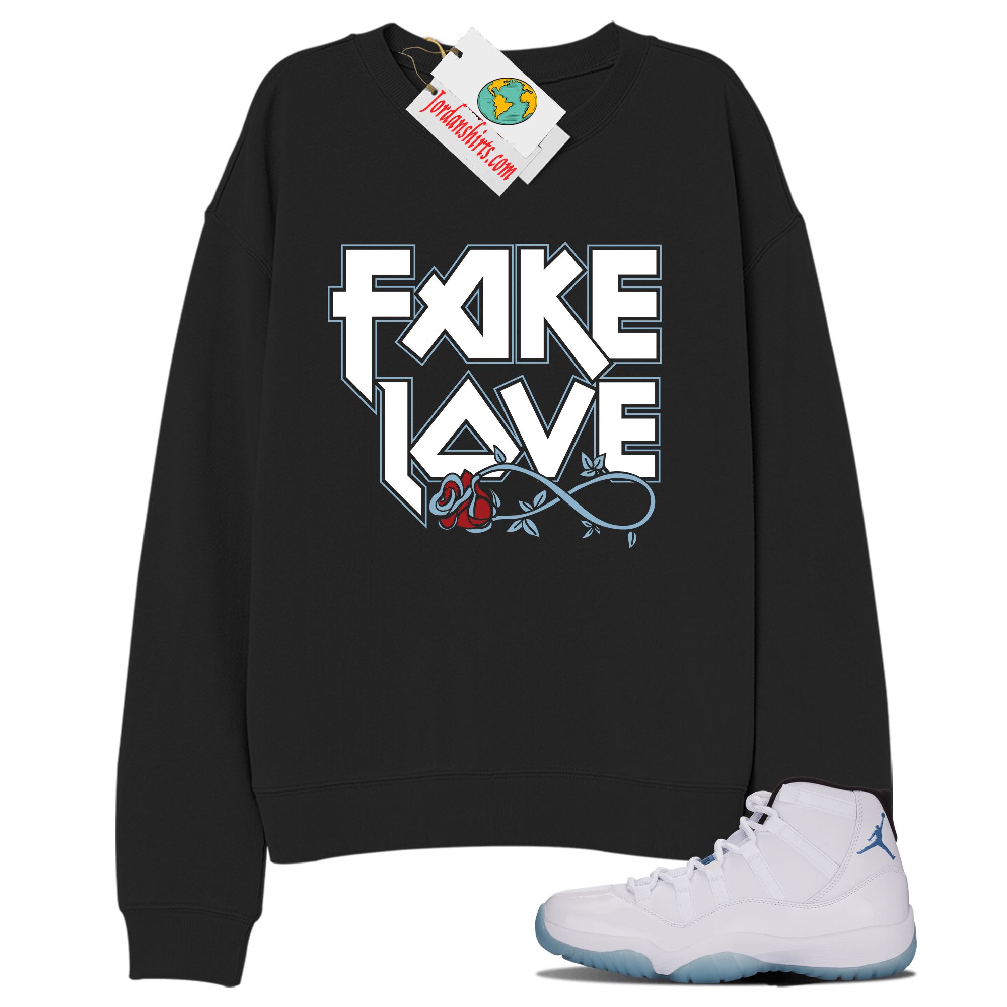 Jordan 11 Sweatshirt, Fake Love Infinity Rose Black Sweatshirt Air Jordan 11 Legend Blue 11s Plus Size Up To 5xl