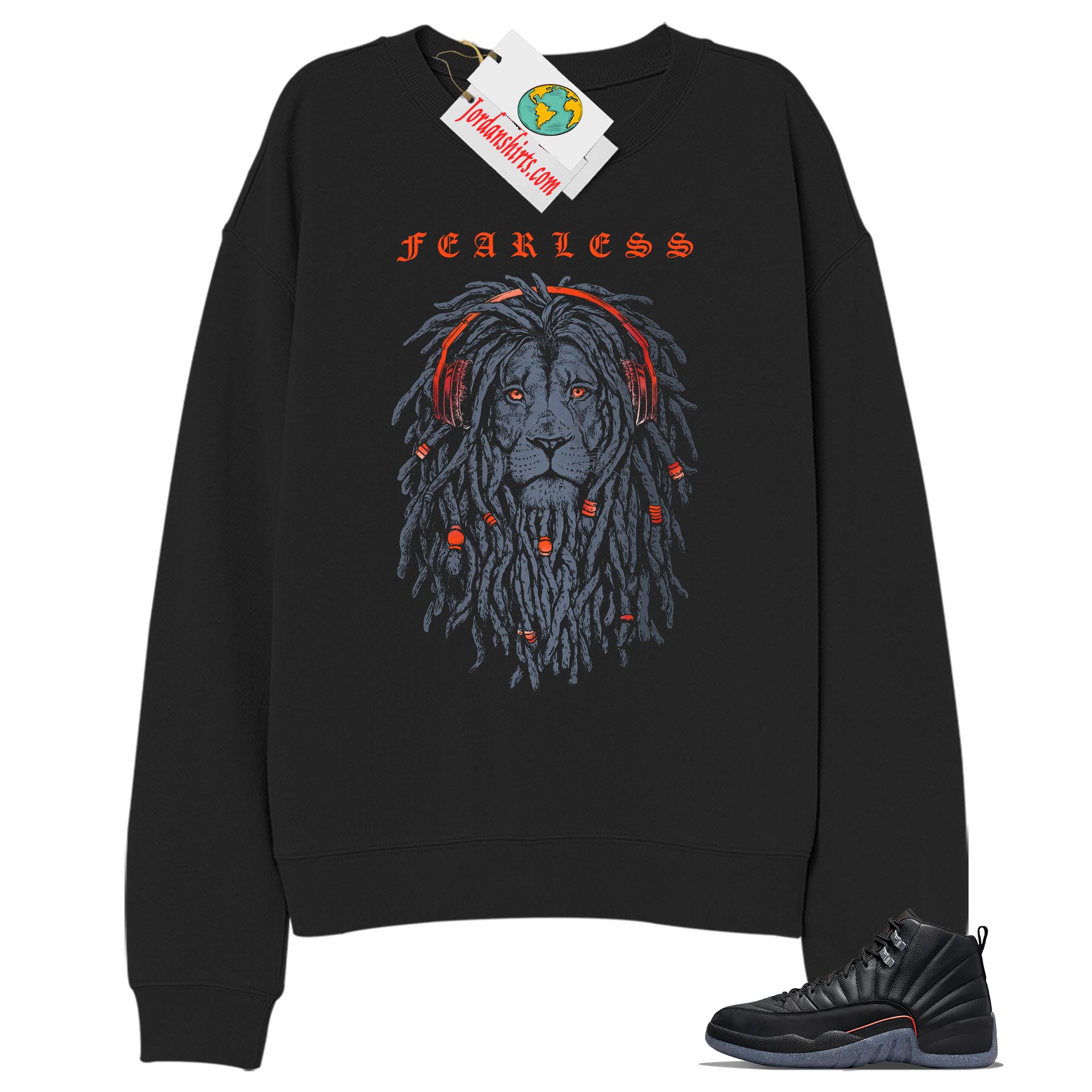 Jordan 12 Sweatshirt, Fearless Lion Black Sweatshirt Air Jordan 12 Utility Grind 12s Full Size Up To 5xl