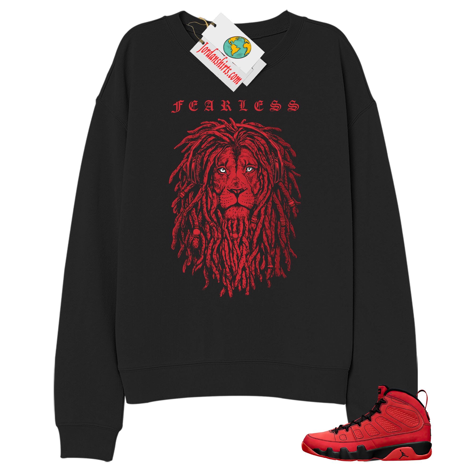 Jordan 9 Sweatshirt, Fearless Lion Black Sweatshirt Air Jordan 9 Chile Red 9s Size Up To 5xl