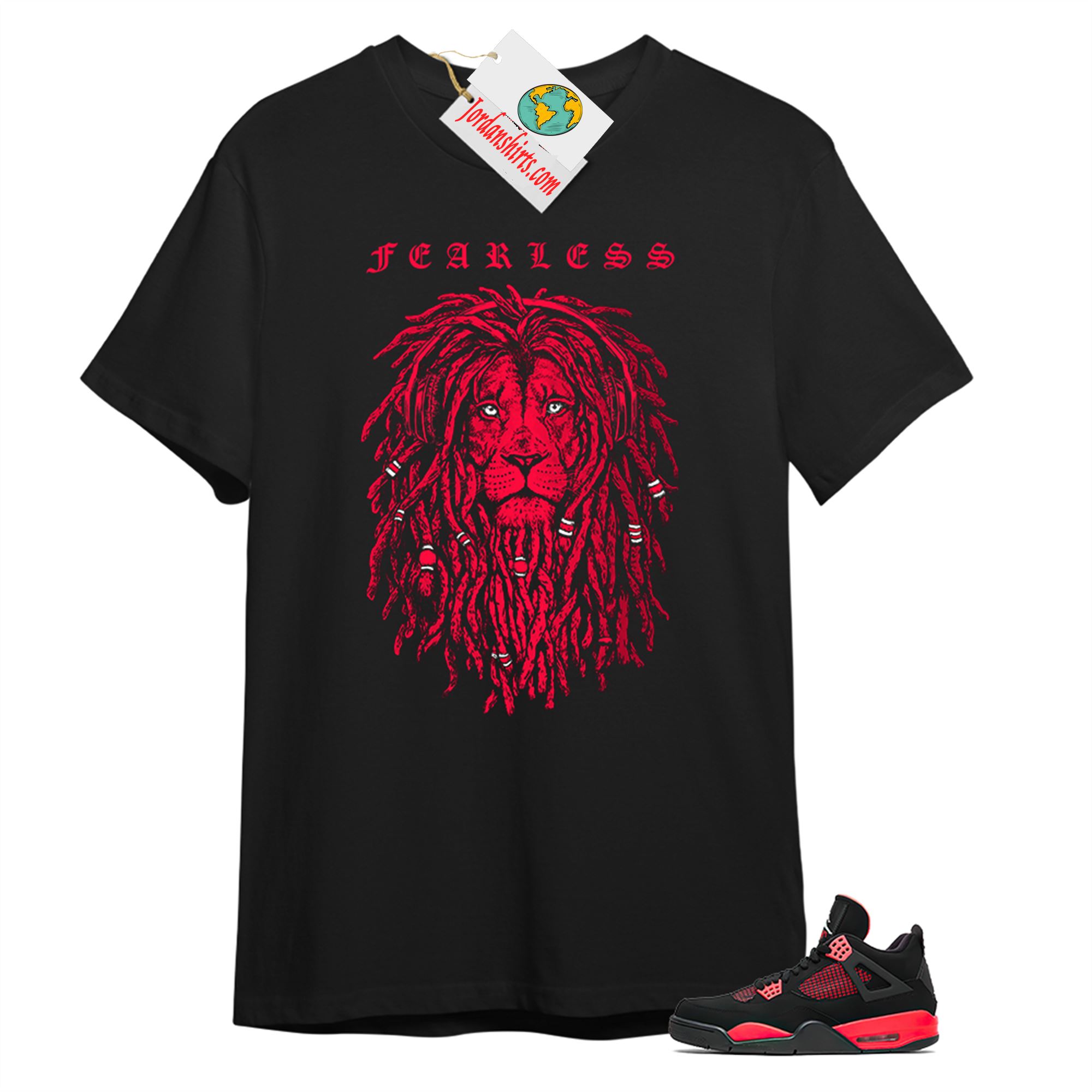 Jordan 4 Shirt, Fearless Lion Black T-shirt Air Jordan 4 Red Thunder 4s Plus Size Up To 5xl