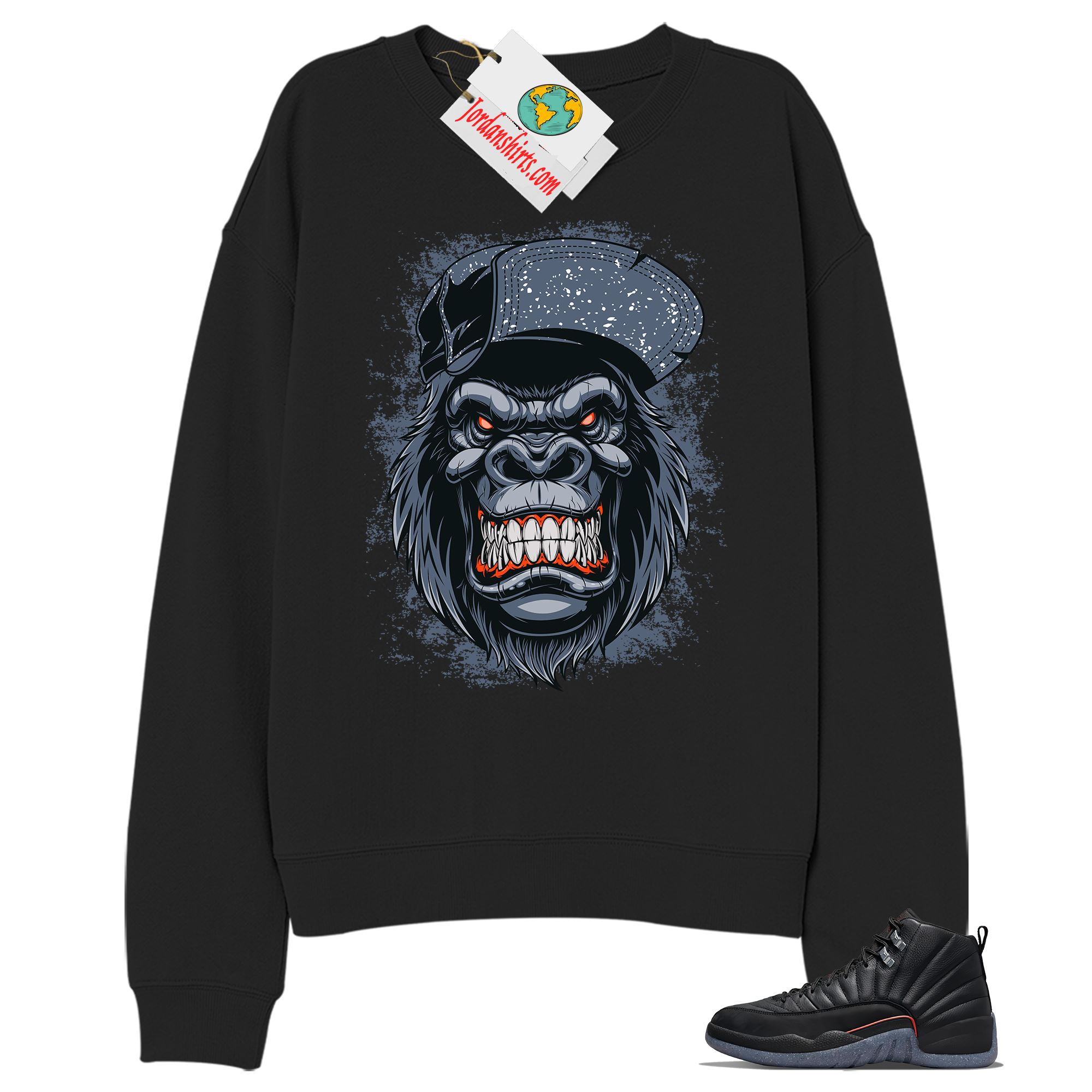Jordan 12 Sweatshirt, Ferocious Gorilla Black Sweatshirt Air Jordan 12 Utility Grind 12s Size Up To 5xl