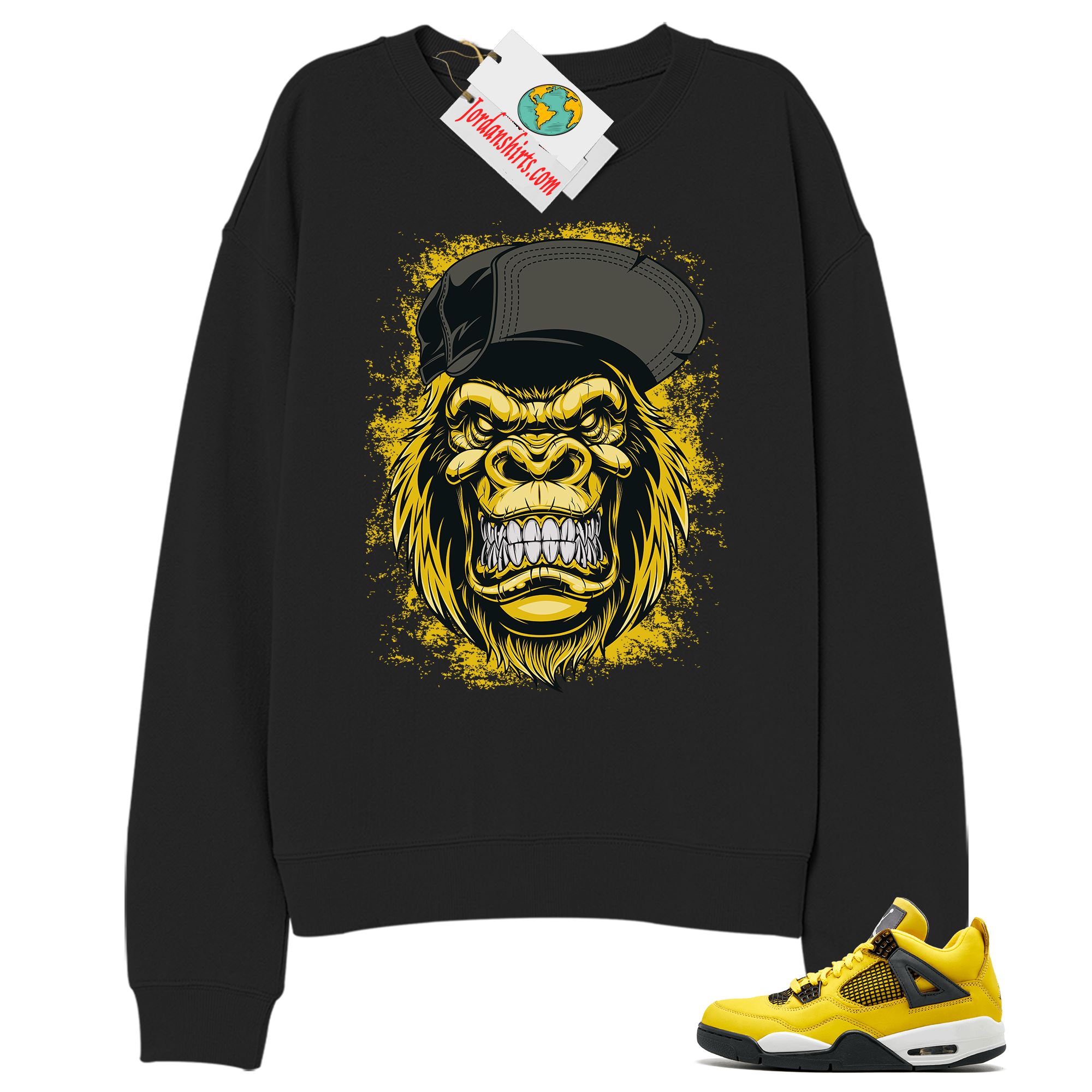 Jordan 4 Sweatshirt, Ferocious Gorilla Black Sweatshirt Air Jordan 4 Tour Yellow Lightning 4s Plus Size Up To 5xl