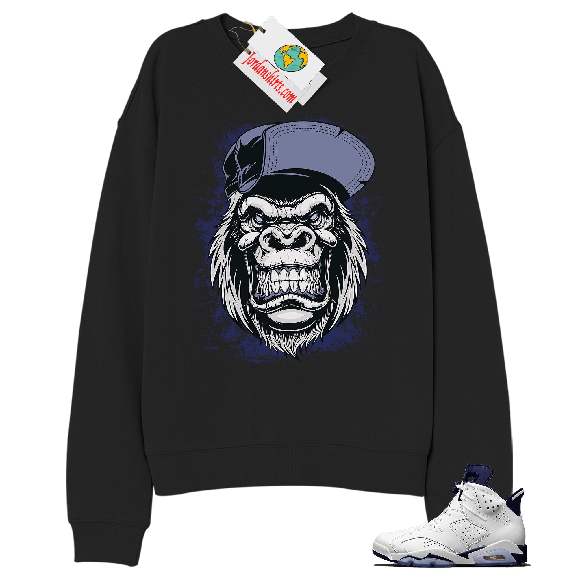 Jordan 6 Sweatshirt, Ferocious Gorilla Black Sweatshirt Air Jordan 6 Midnight Navy 6s Full Size Up To 5xl